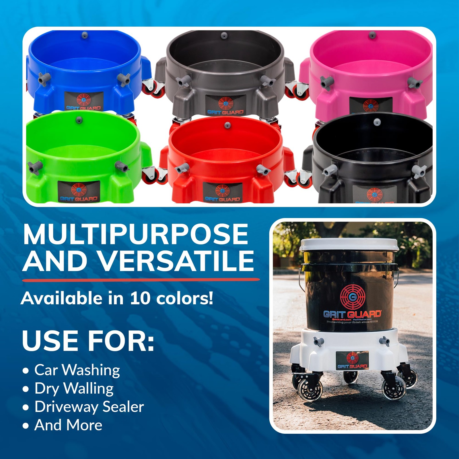 GRIT GUARD Bucket Dolly with Wheels – Rolling Detailing Wash Bucket with 5 Wheel