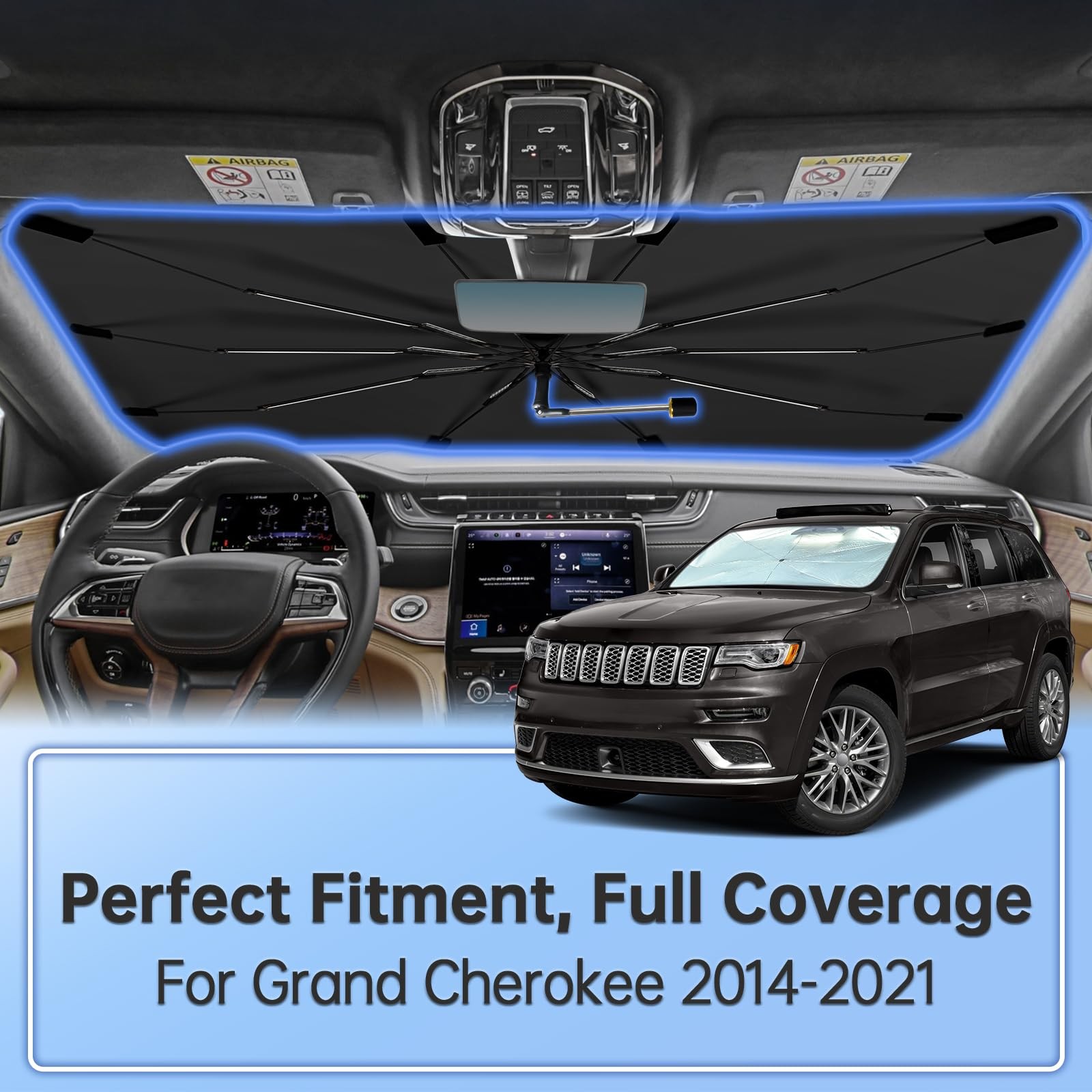 Jeep Grand Cherokee 2014-2021 Windshield Sun Shade Umbrella, 360° Rotation Car