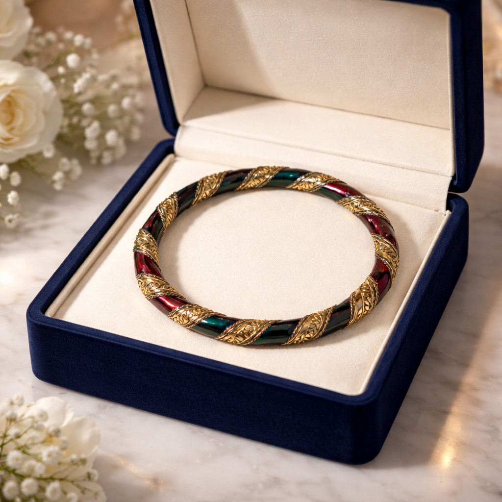 Vintage-Style Green & Red Enameled Bangle Bracelet | Gold-Tone Wire-Wrapped Boho