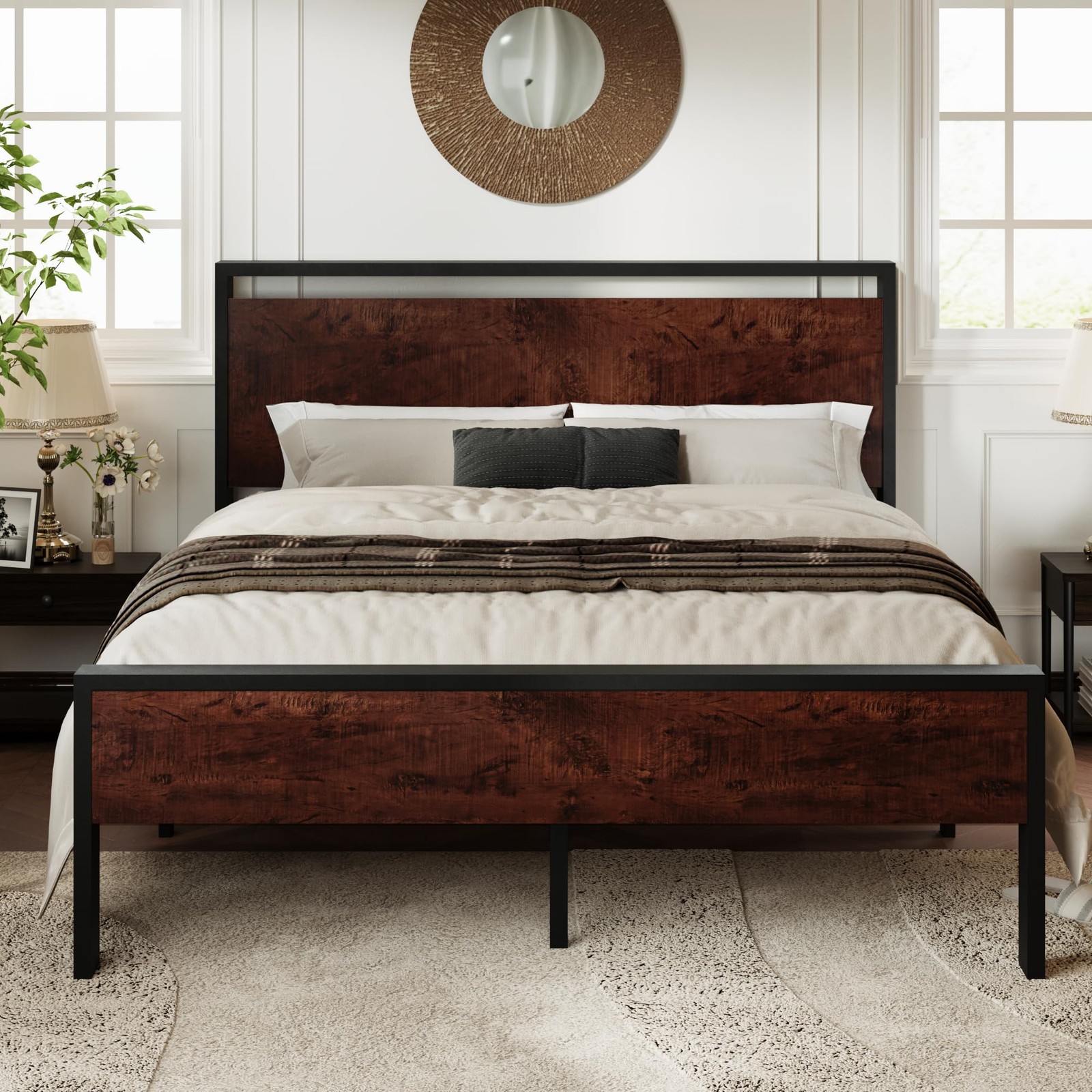 Allewie Queen Size Platform Bed Frame with Wooden Headboard Queen, Mahogany