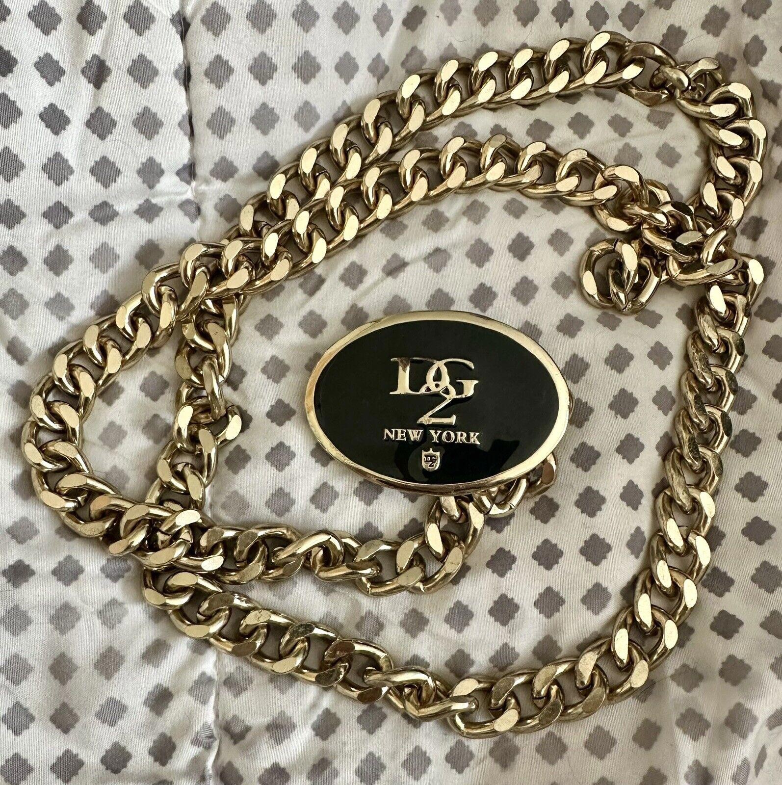 Vintage Gold Tone DG2 New York Heavy Chain Detailed Black Belt Retro Boho