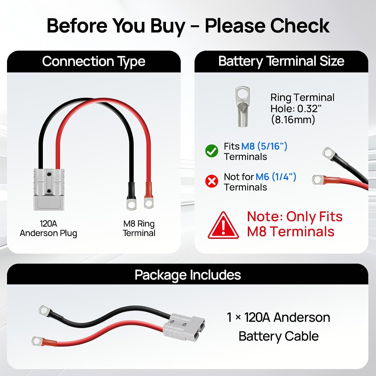 DC HOUSE 1 Pcs 120A Battery Connector Plug, 4 AWG, 600V 0.98Ft, M8 Battery Cable