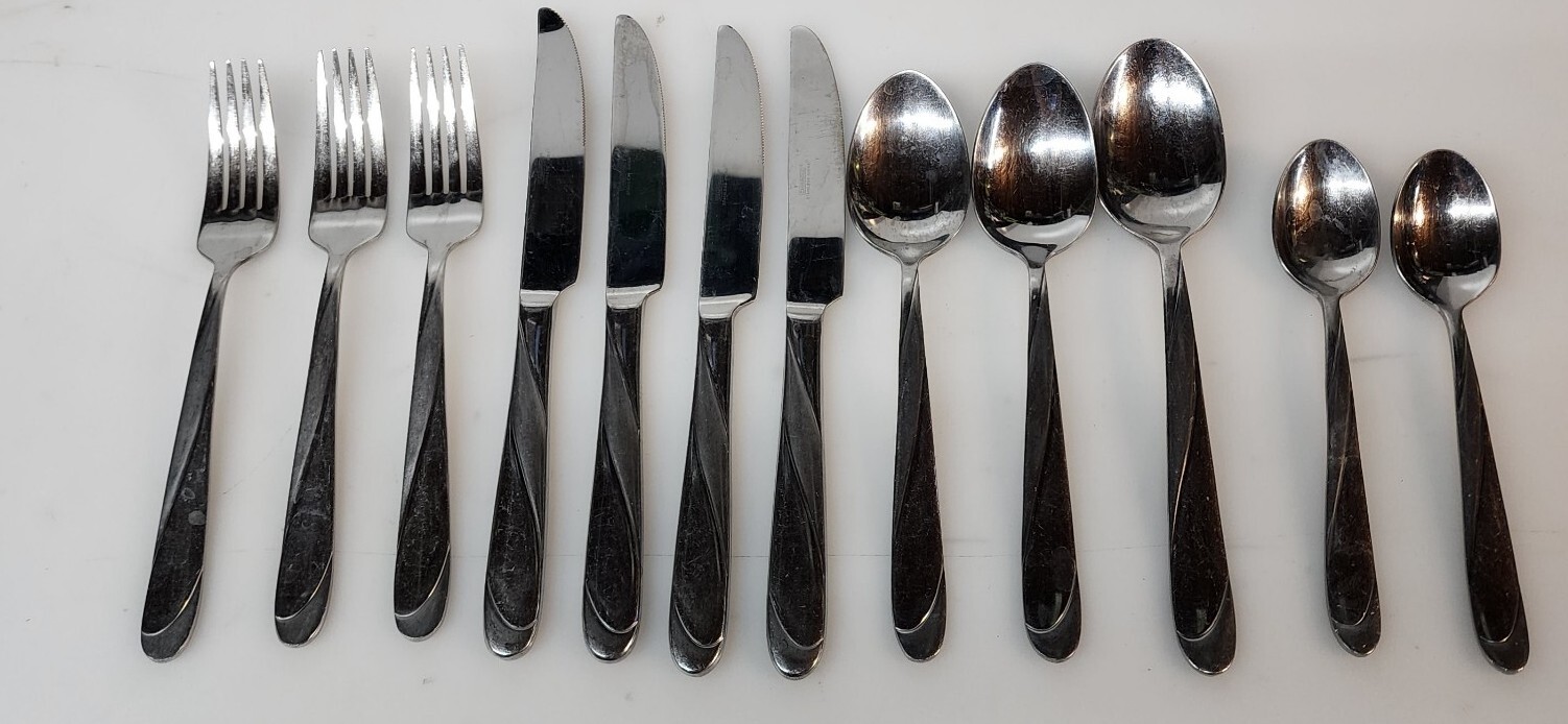 Cambridge SWIRL SAND Stainless Frosted & Glossy Silverware Flatware Lot 12 Piece
