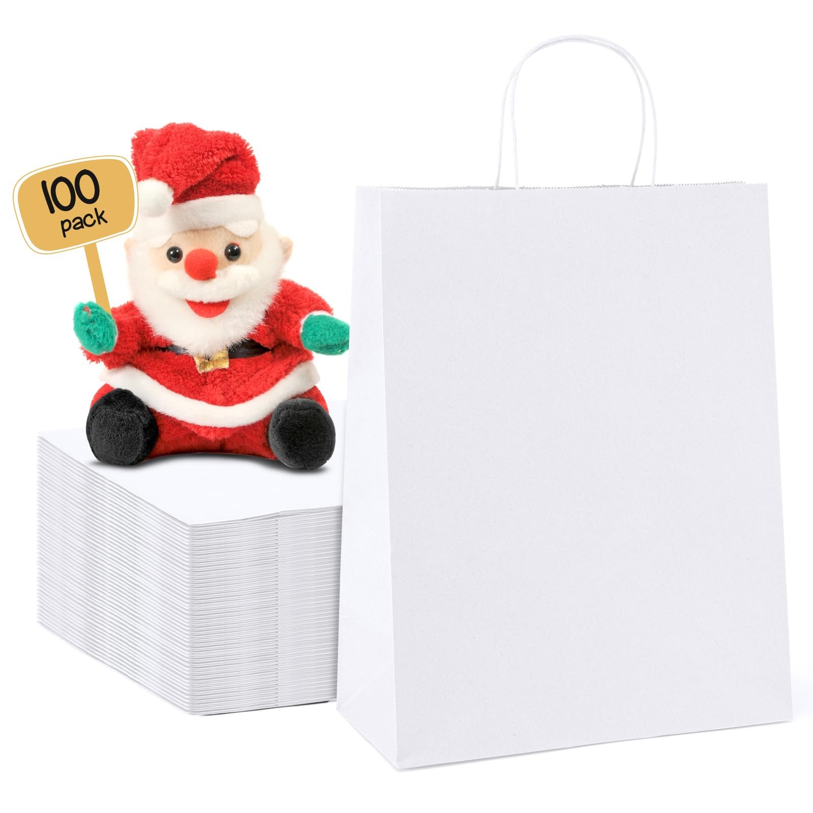 METRONIC 100 White Kraft Paper Gift Bags 10x5x13″ w/ Handles Bulk Retail