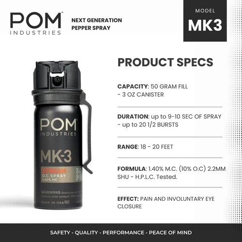 POM MK3 Pepper Spray Belt Clip Model Maximum Police Strength OC with UV Marking