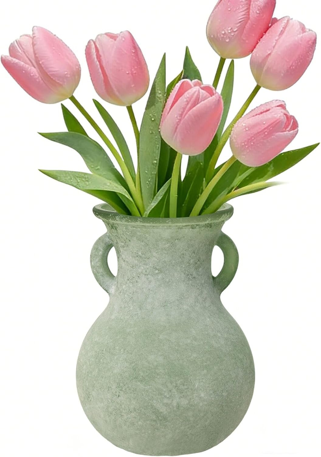 Green Glass Vase with Handles, 7.5 Inch Rustic Pottery Style Flower Vase, Vintag