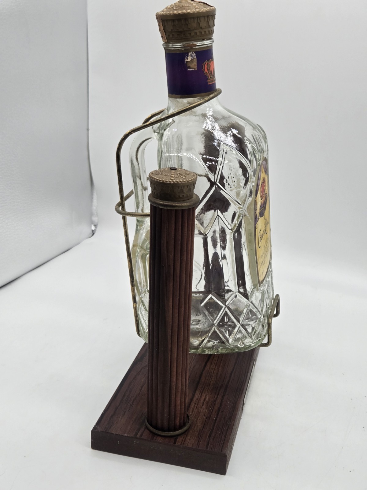 Seagrams Crown Royal 1.75L Decanter (empty) on Mahogany Tilt Pour Stand