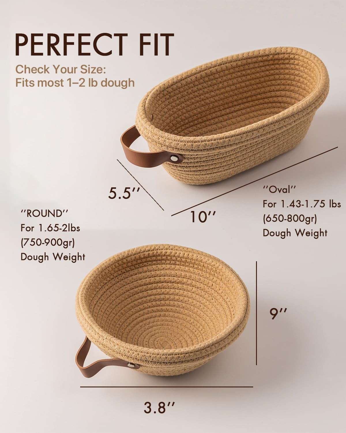Crispier Crust Cotton Rope Banneton Bread Proofing Basket Set, 9“+10”, Brown