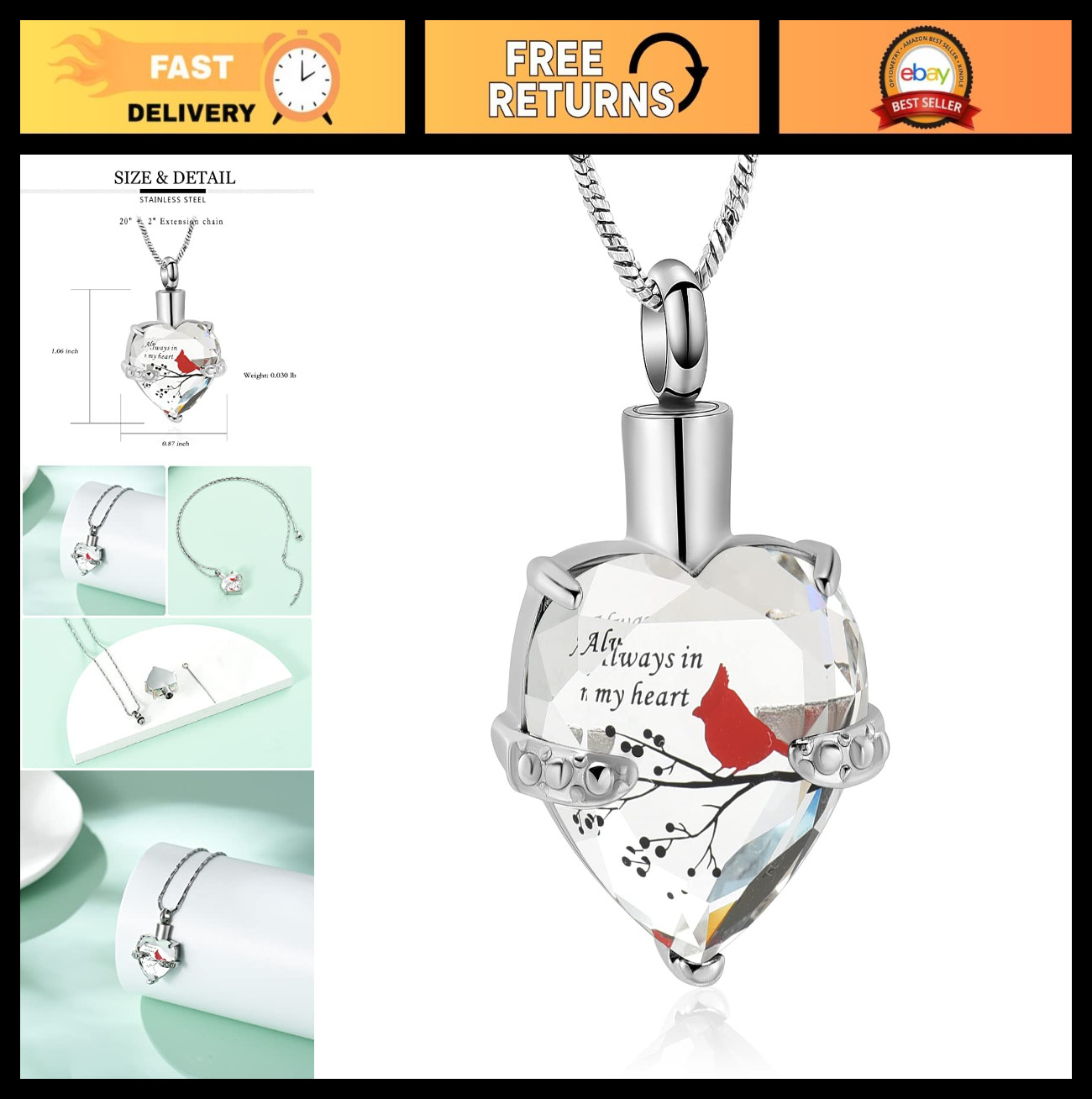 Cremation Jewelry Red Cardinal Urn Necklace for Ashes – Memorial Locket Pendant