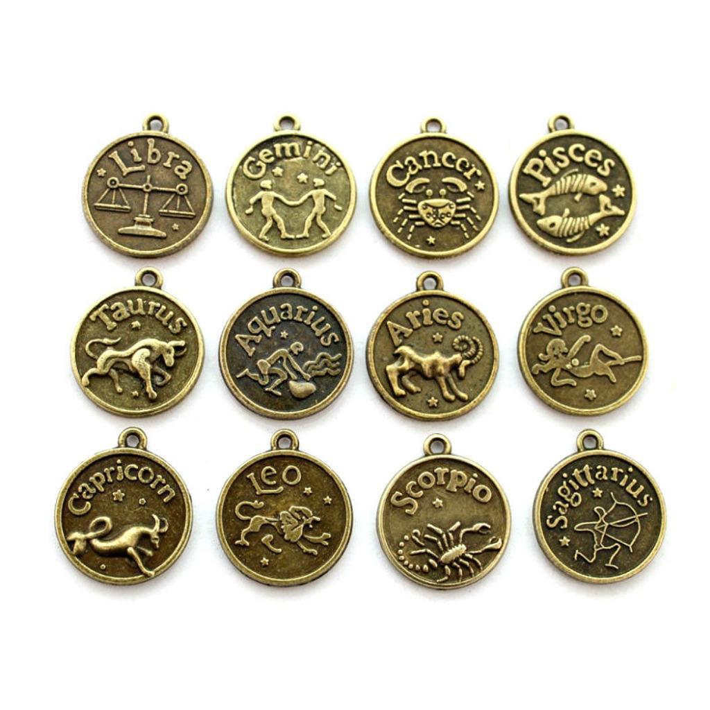 SET OF 12 WESTERN ZODIAC CHARMS 0.7″ 18mm Round Pendant Amulet Brass Horoscope