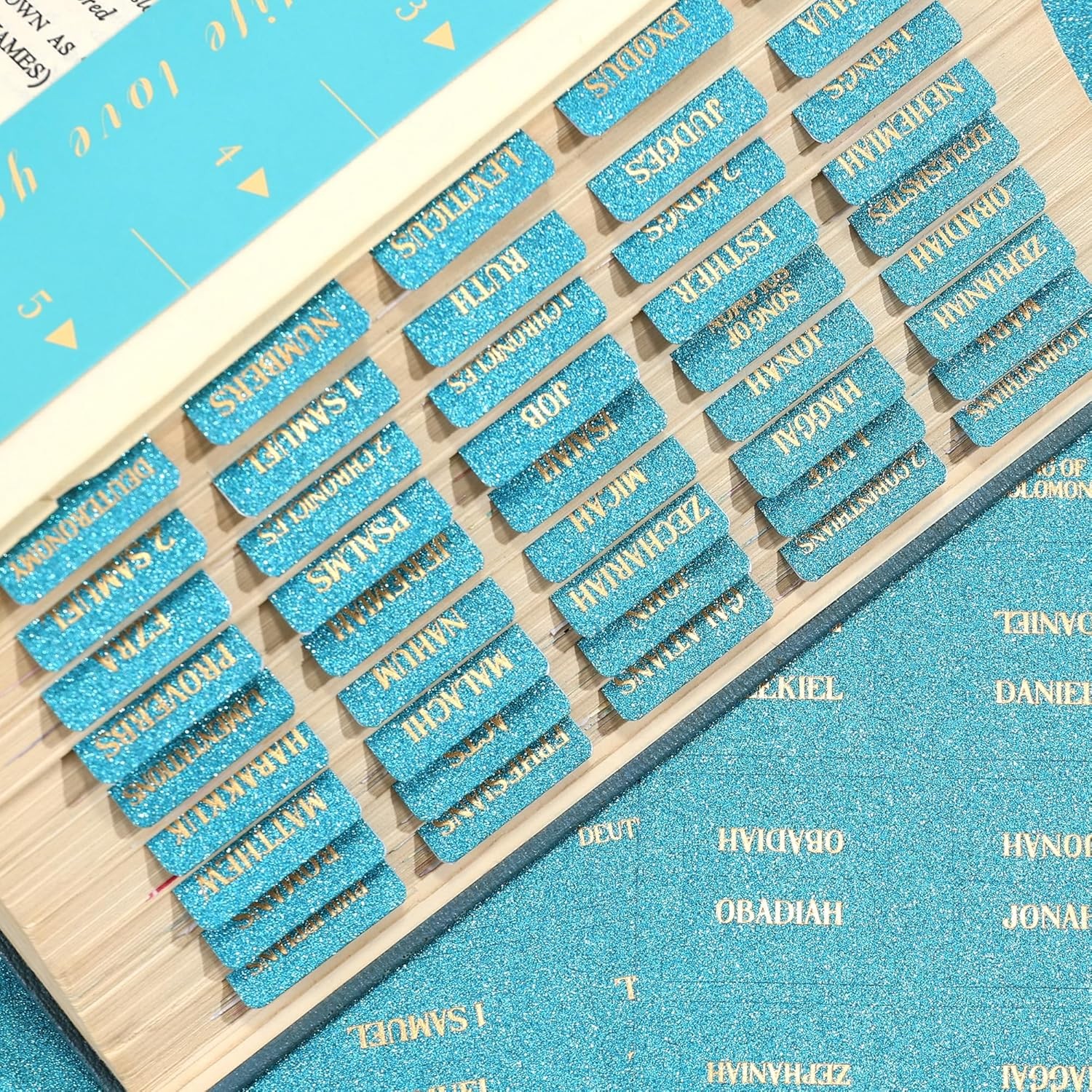 Aqua Blue Glitter Bible Tabs 80 Gold Foil Index with Ruler