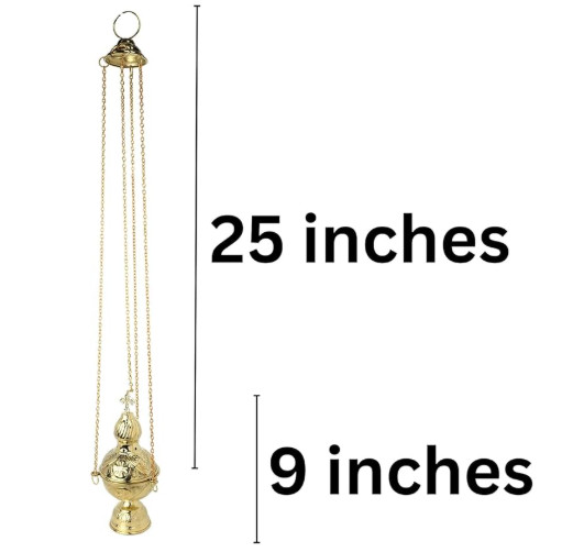 Polished Brass Hanging Incense Burner Embossed Cross Censer Without Bells 9 In