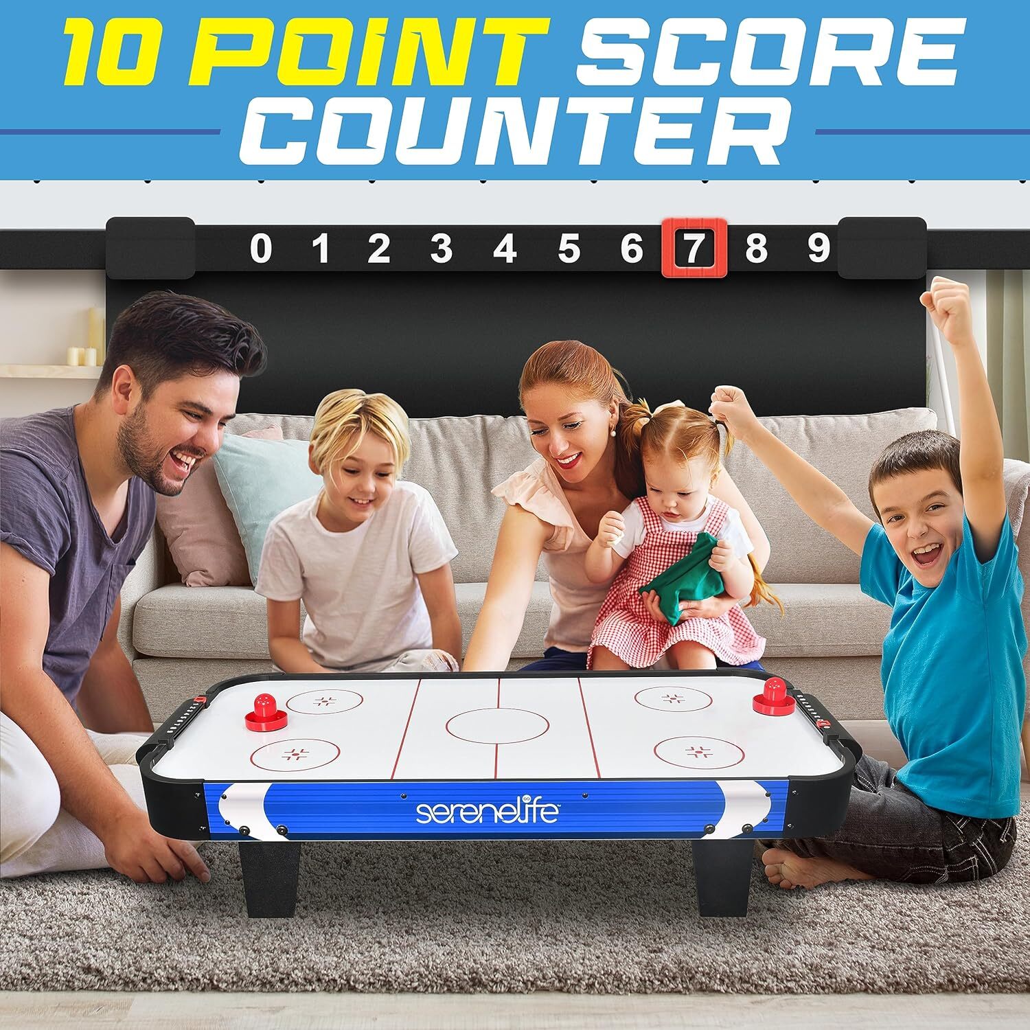 SereneLife 40″ Air Hockey Game Tabletop, w/Fastest Play Blue & Black