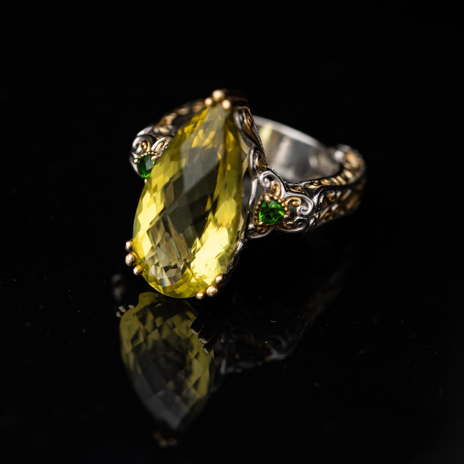 Michael Valitutti Yellow Quartz Diopside Two Tone Sterling Silver Ring Designer