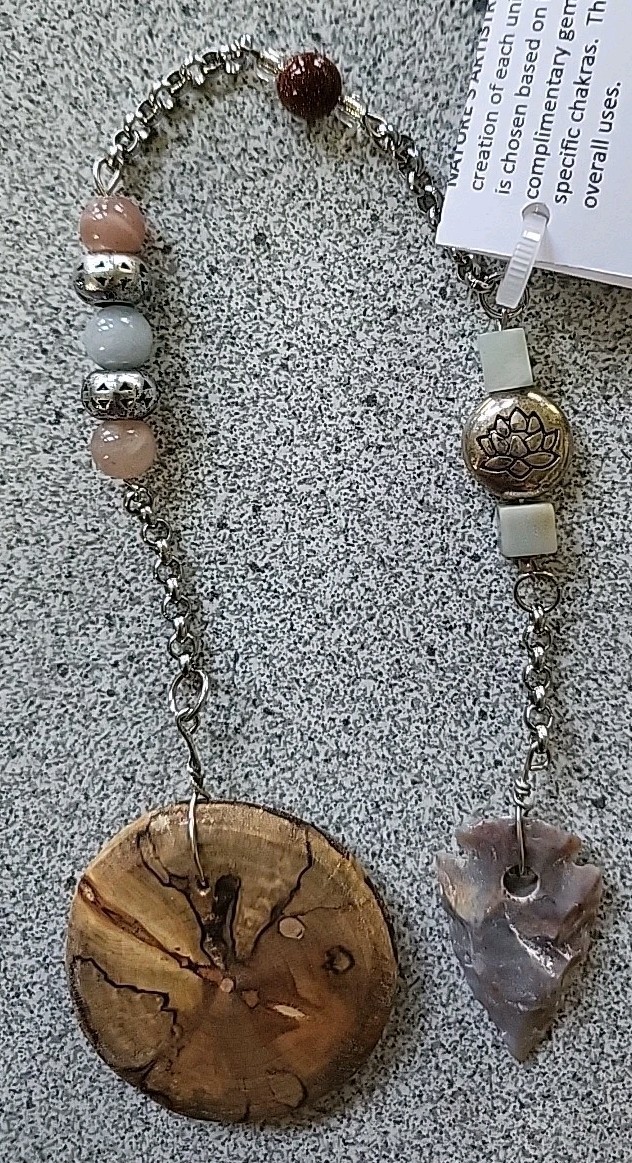 MAPLE Wood Dowsing ARROW Pendulum : 2rd Chakra Sacral, 5th Throat, Lotus, gems