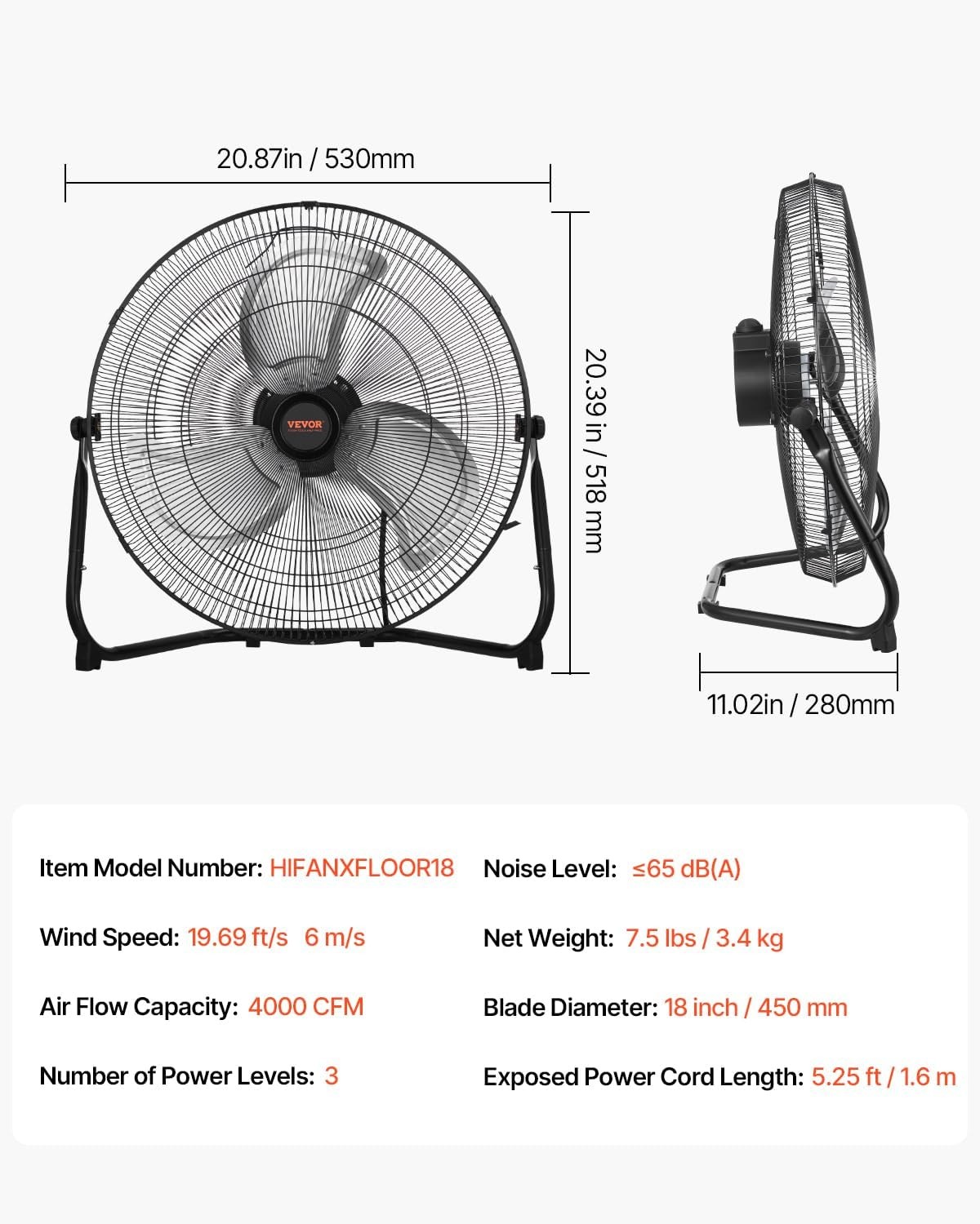 VEVOR Floor Fan, 3 Speeds High Velocity Heavy Duty 18 Inch Industrial Fan, 400