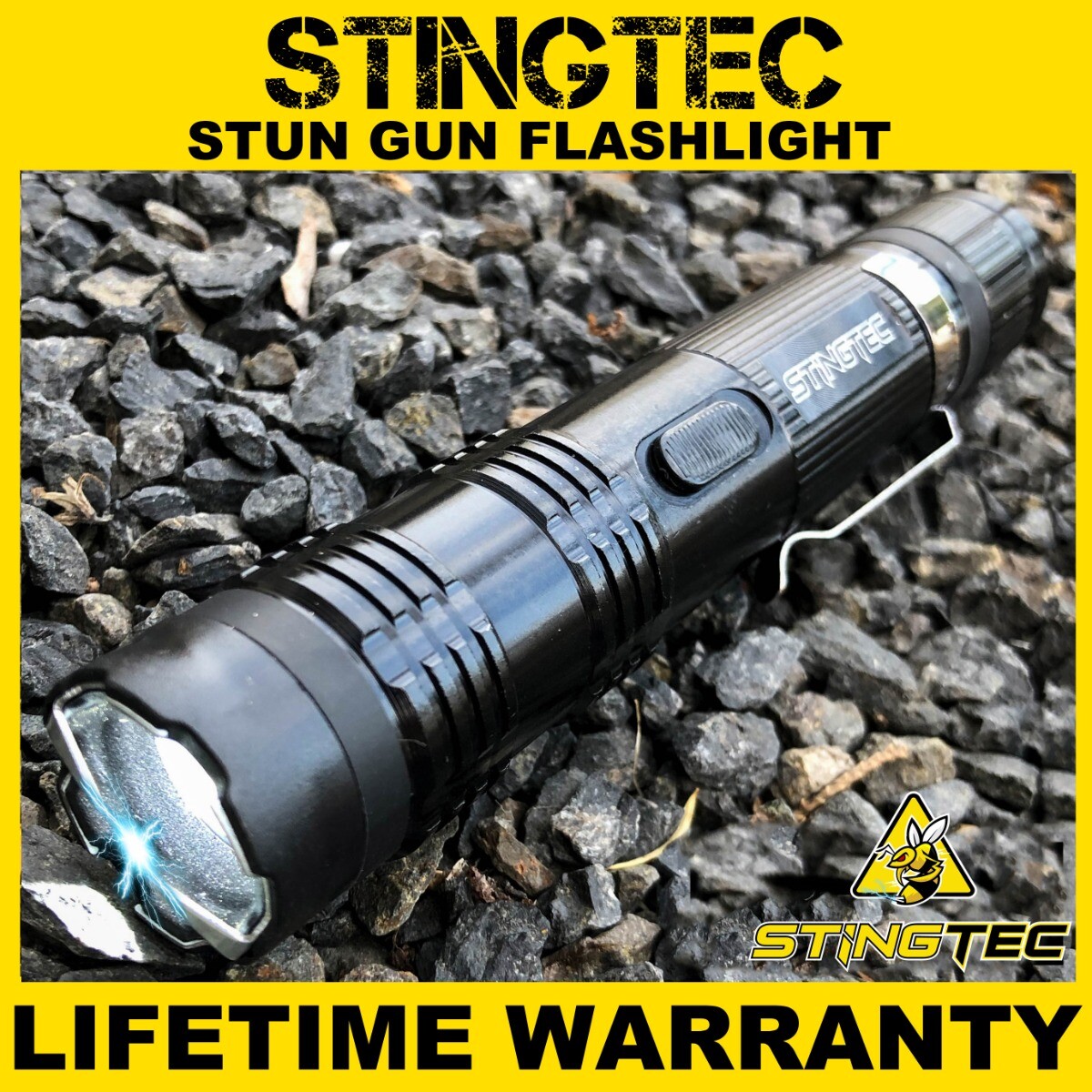 STINGTEC Tactical Stun Gun HIGH POWER Metal Rechargeable LED Flashlight – Black