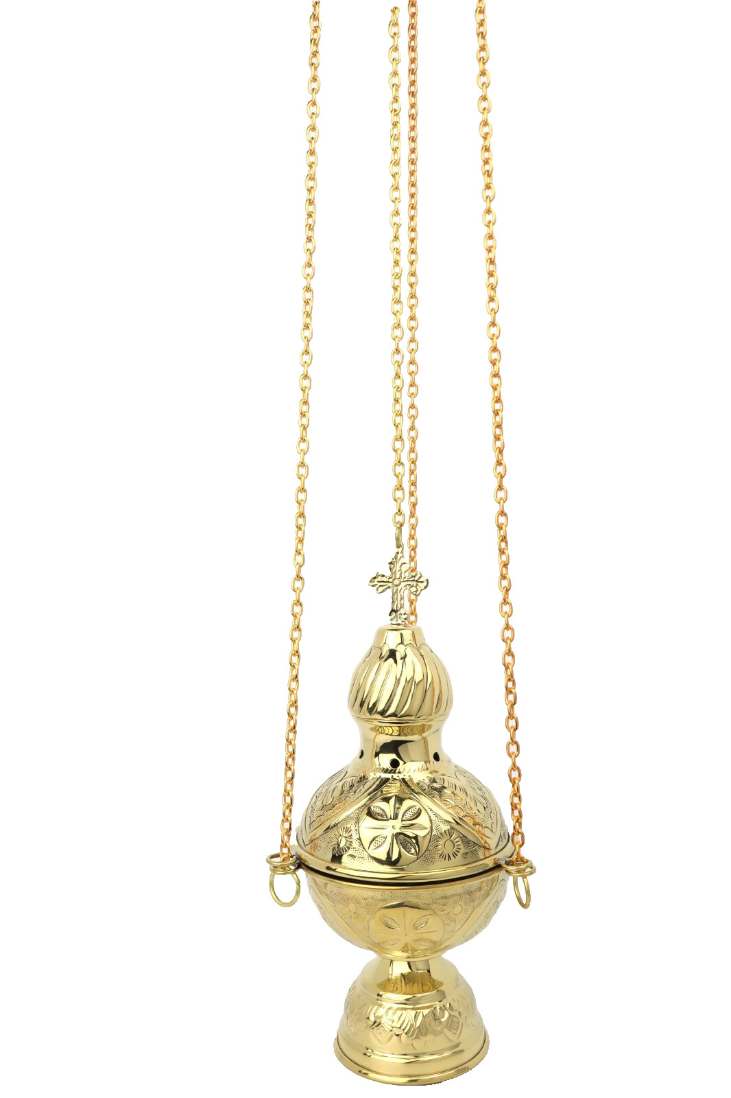 Polished Brass Hanging Incense Burner Embossed Cross Censer Without Bells 9 In