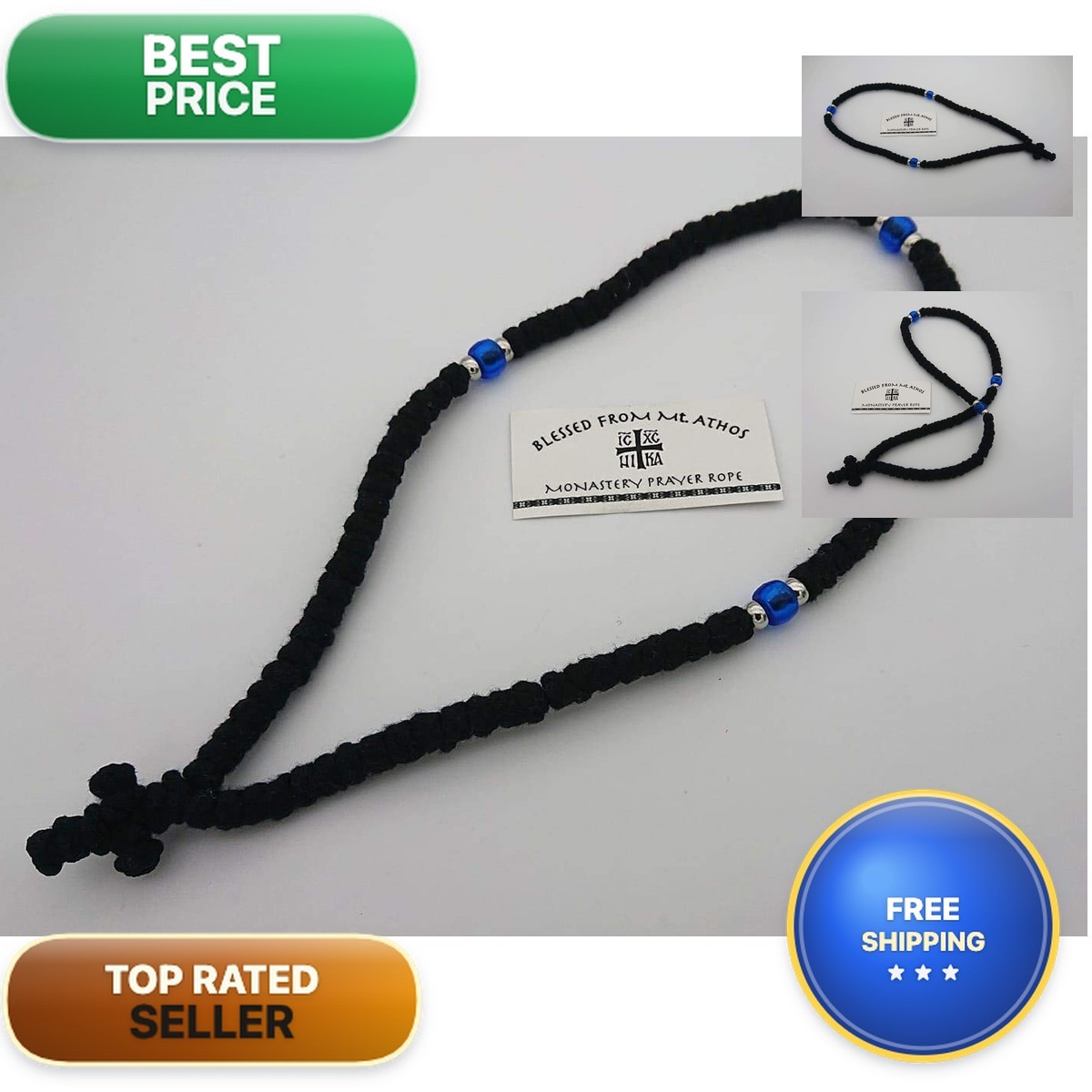 100 Knots Prayer Rope Greek Russian Komboskoini Black with Blue Beads Mt Athos