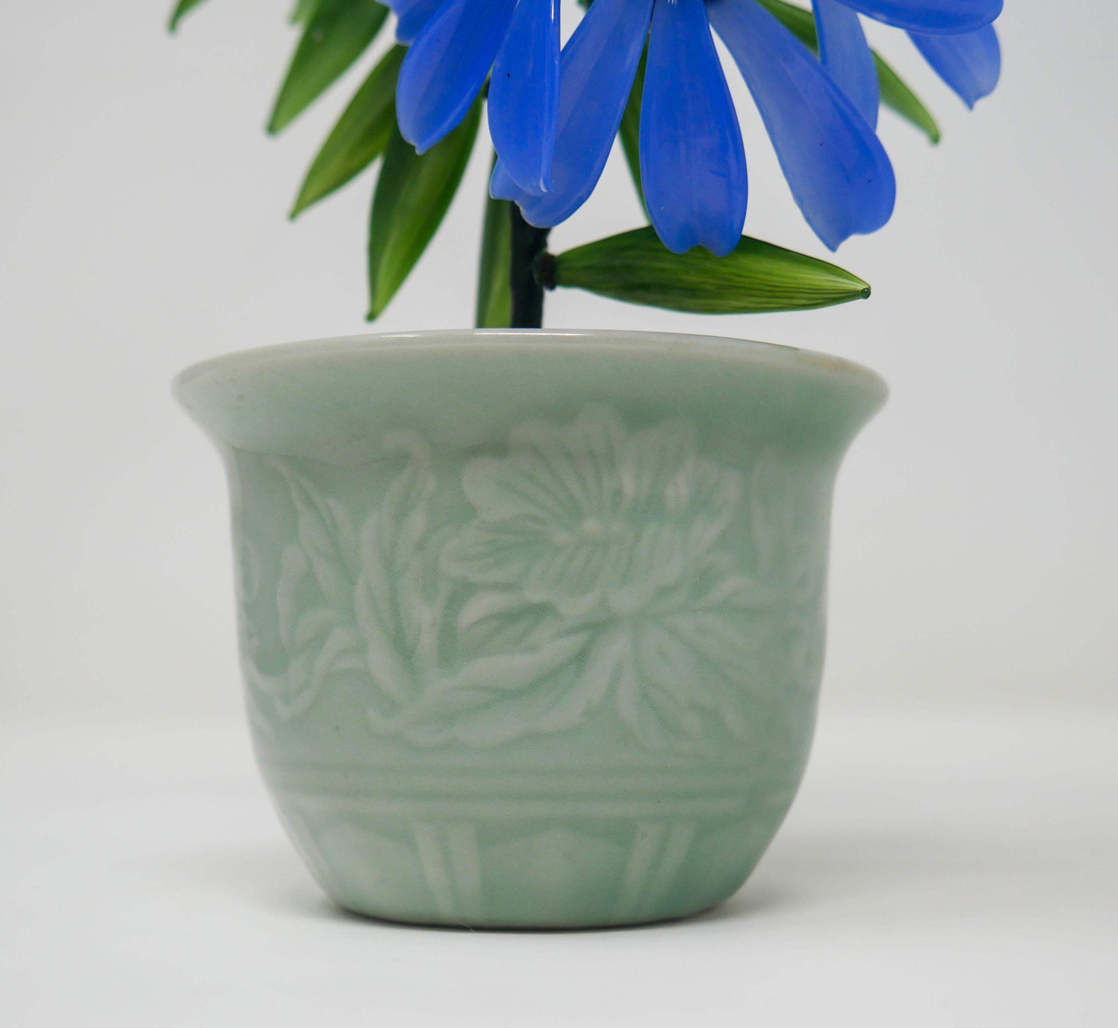 Vintage Chinese Glass Bonsai Tree in Celadon Pot Floral Sculpture Decor