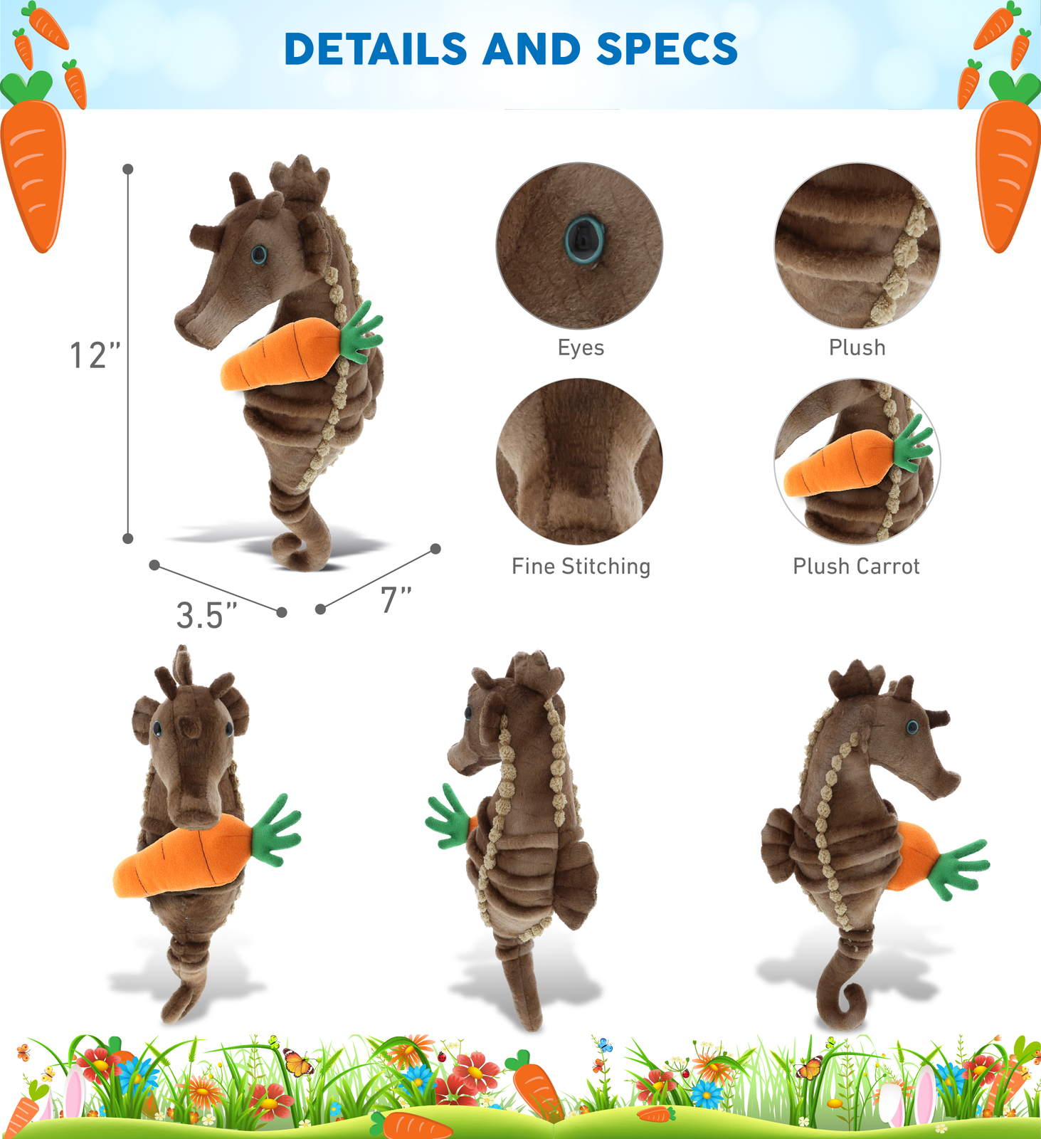 DolliBu Happy Easter Super Soft Plush Seahorse with Carrot Plush – 12 Inches