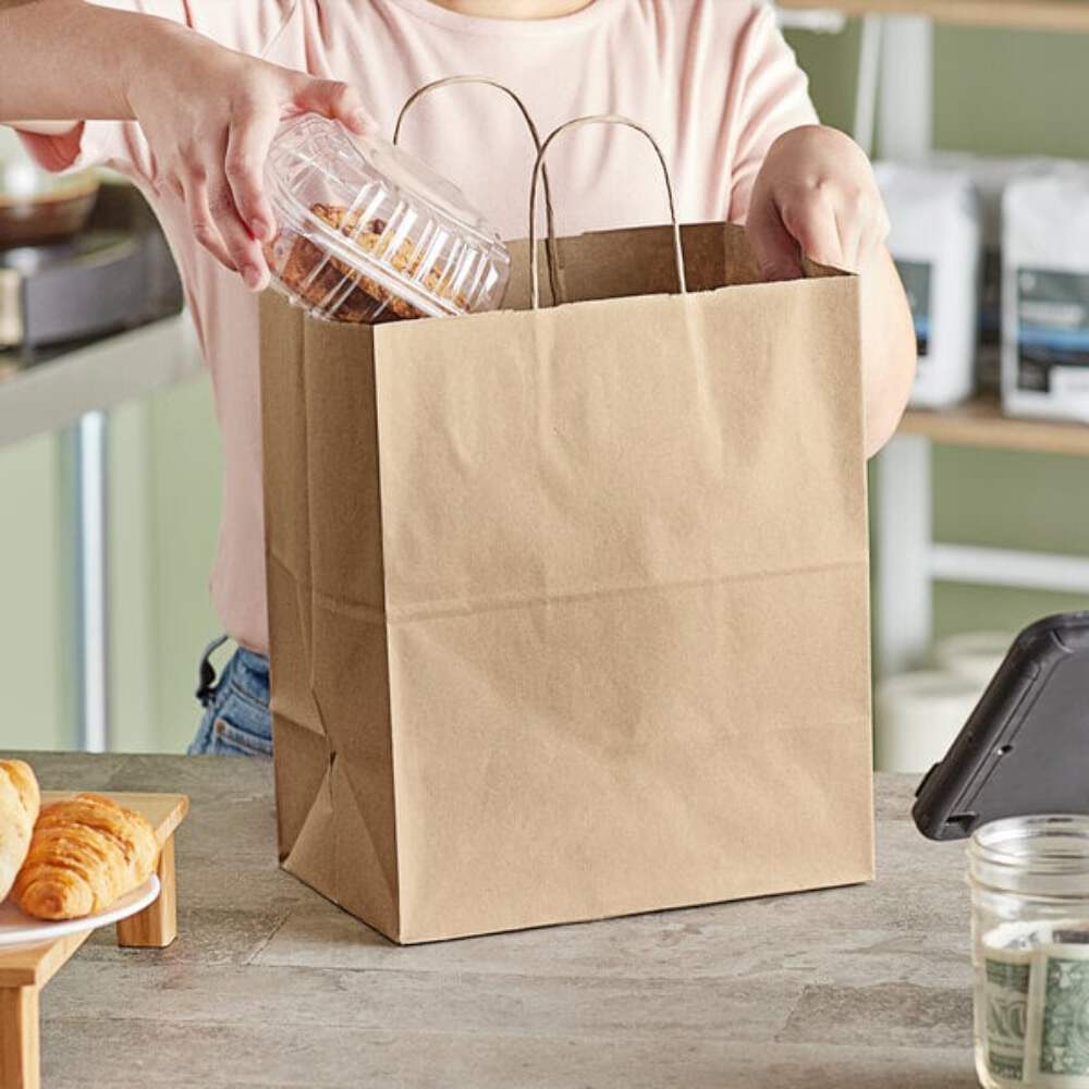 Duro 10 x 6.75 x 12 in Bistro Natural Kraft Paper Shopping Bag with Handles, 60%