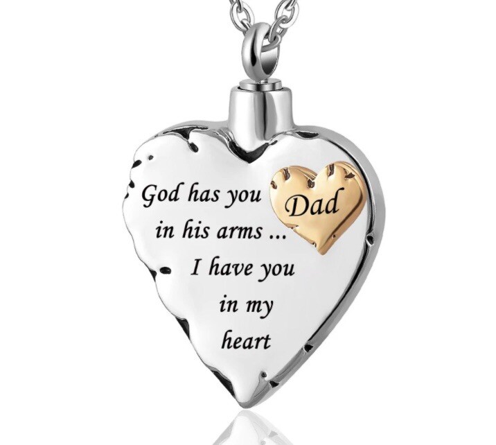 Double Heart DAD Jewelry Necklace Pendant Cremation Urn Ashes God Has You In His