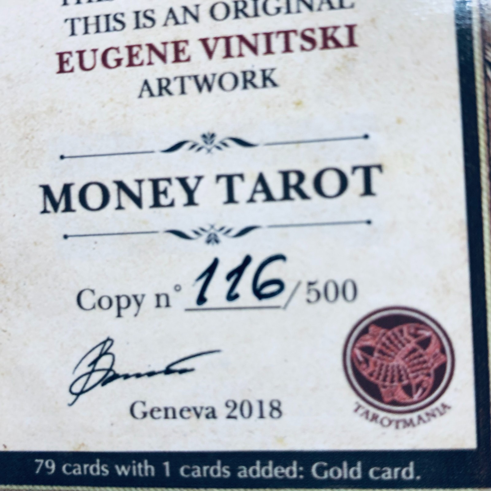 Money Tarot Eugene Vinitski Limited Edition #116/500 Certificate Geneva 2018