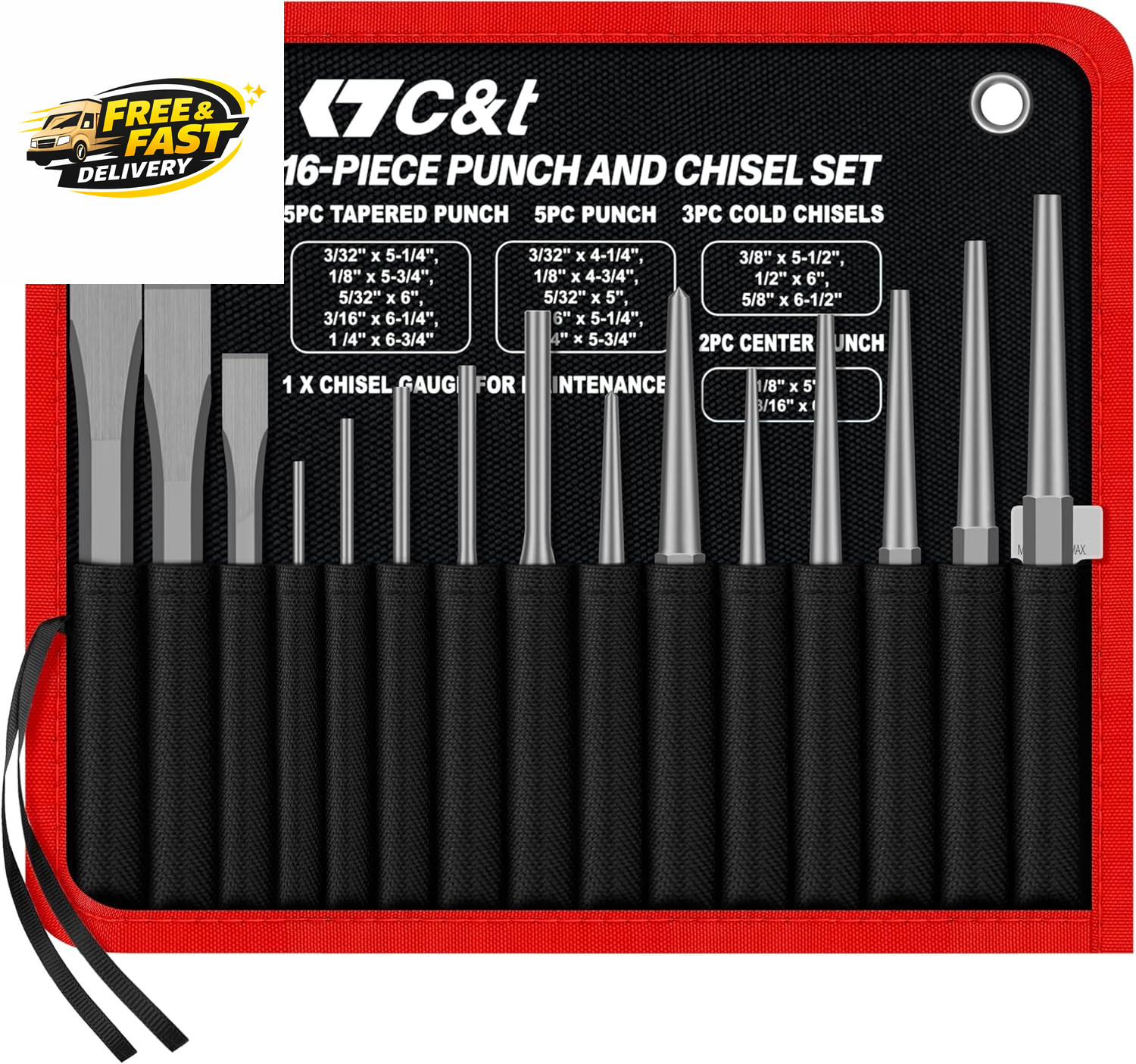 16-Piece Punch and Chisel Set with Storage Pouch, Including Taper Punch, Cold Ch