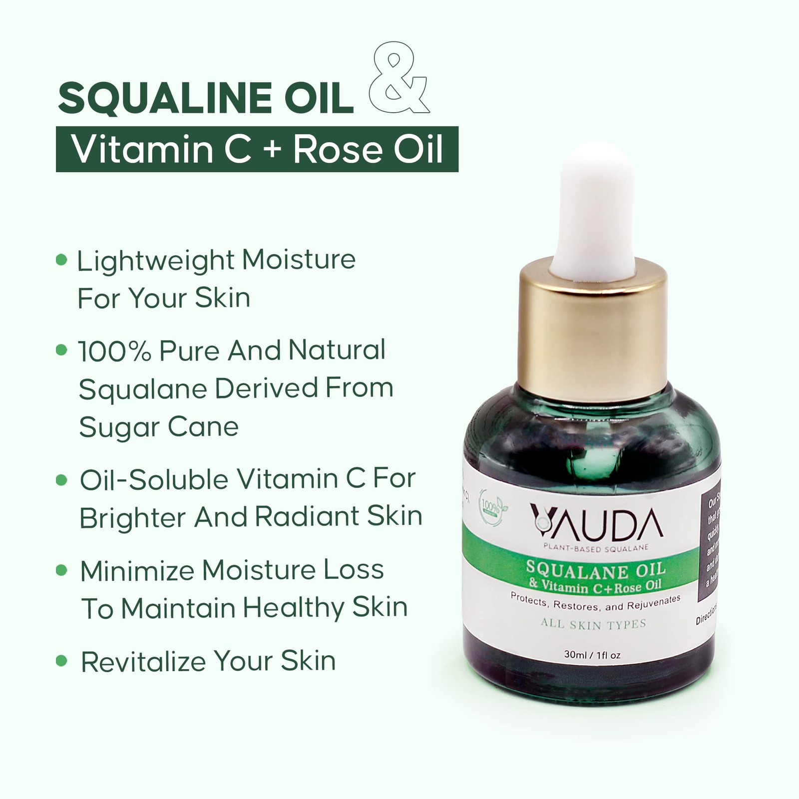 VAUDA 100% Squalane Oil for Face with Vitamin C and Rose 1 Fl Oz (Pack of 1)