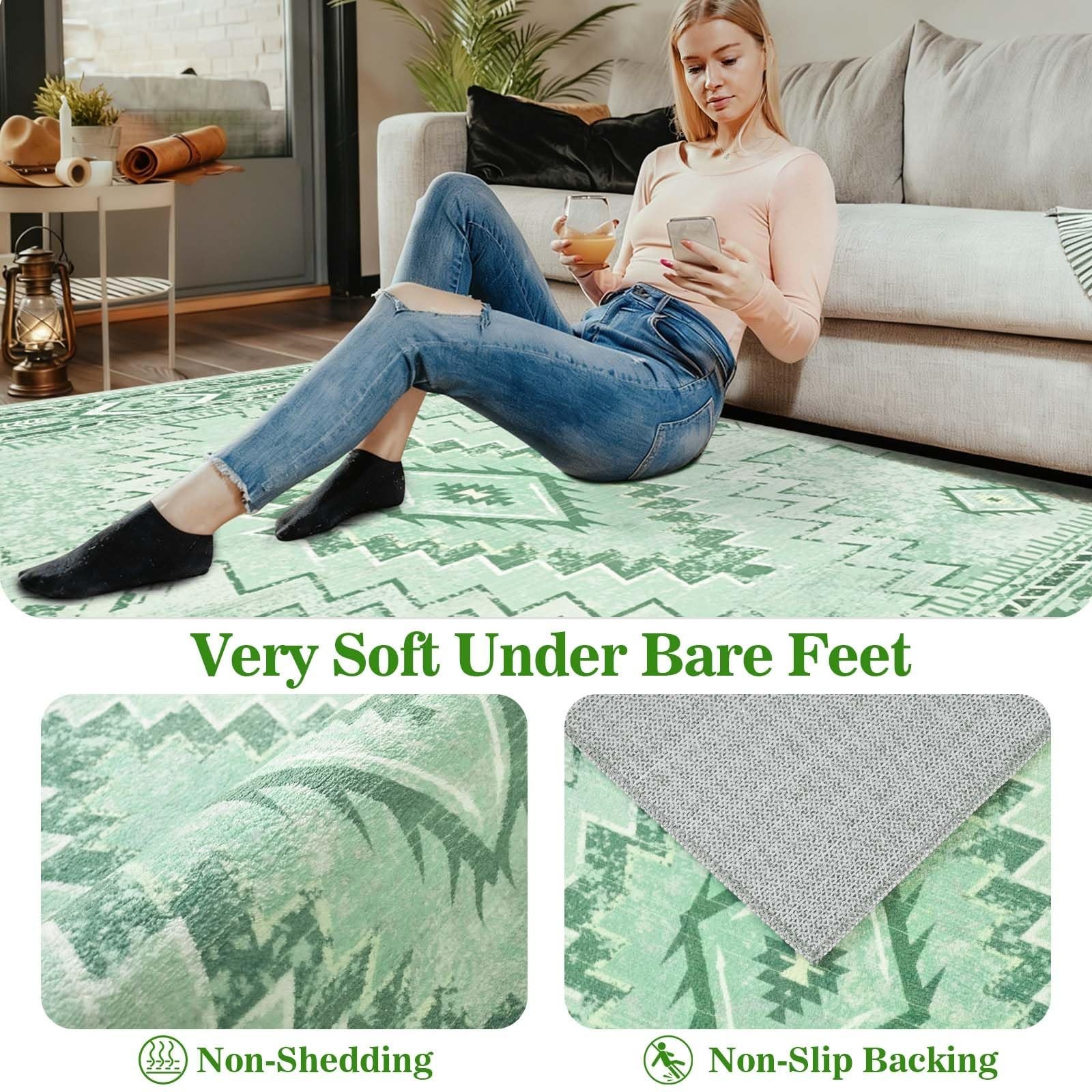 Yinhua Green 5×7 Rug for Living Room, Washable Spring Area Rugs Low-Pile, Sof…