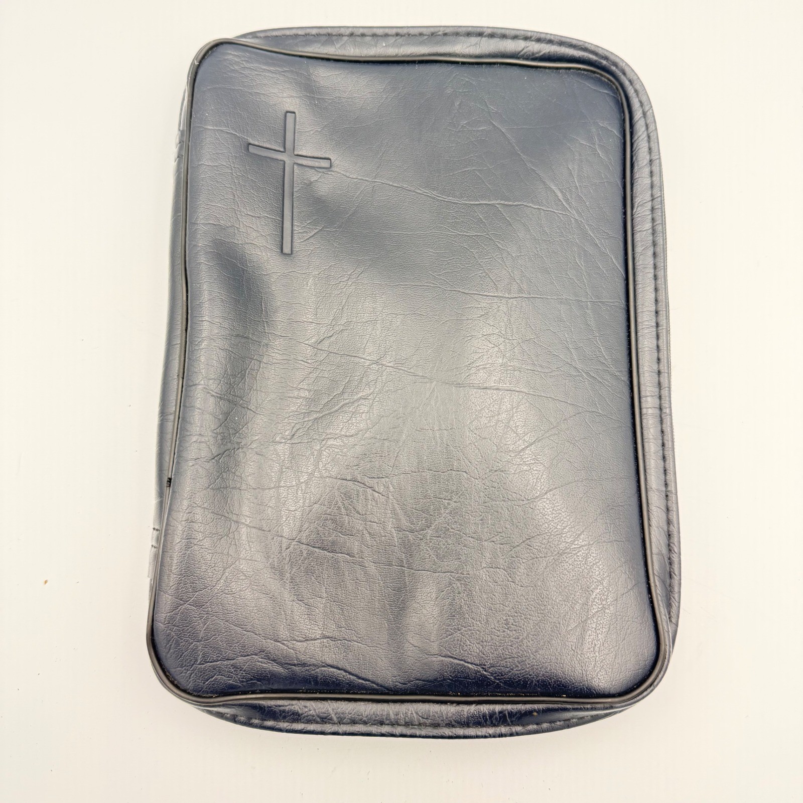 Bible Cover Navy Blue Leather Embossed Cross Zip Around Case 11×8 Large