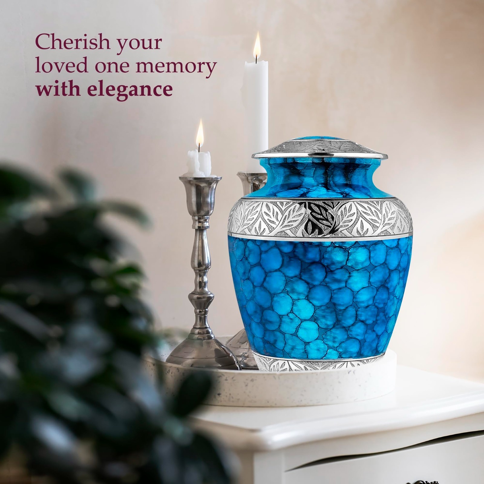 Large Light Blue Decorative Cremation Urn for Adult Ashes, Silver Lining, Memori