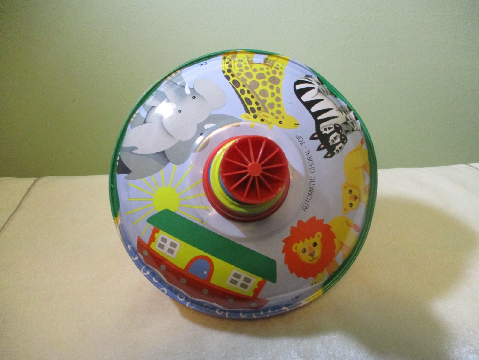 Noah’s Ark Animals VTG Metal Tin Toy Spinning Top 9″ LBZ Automatic Choral Top