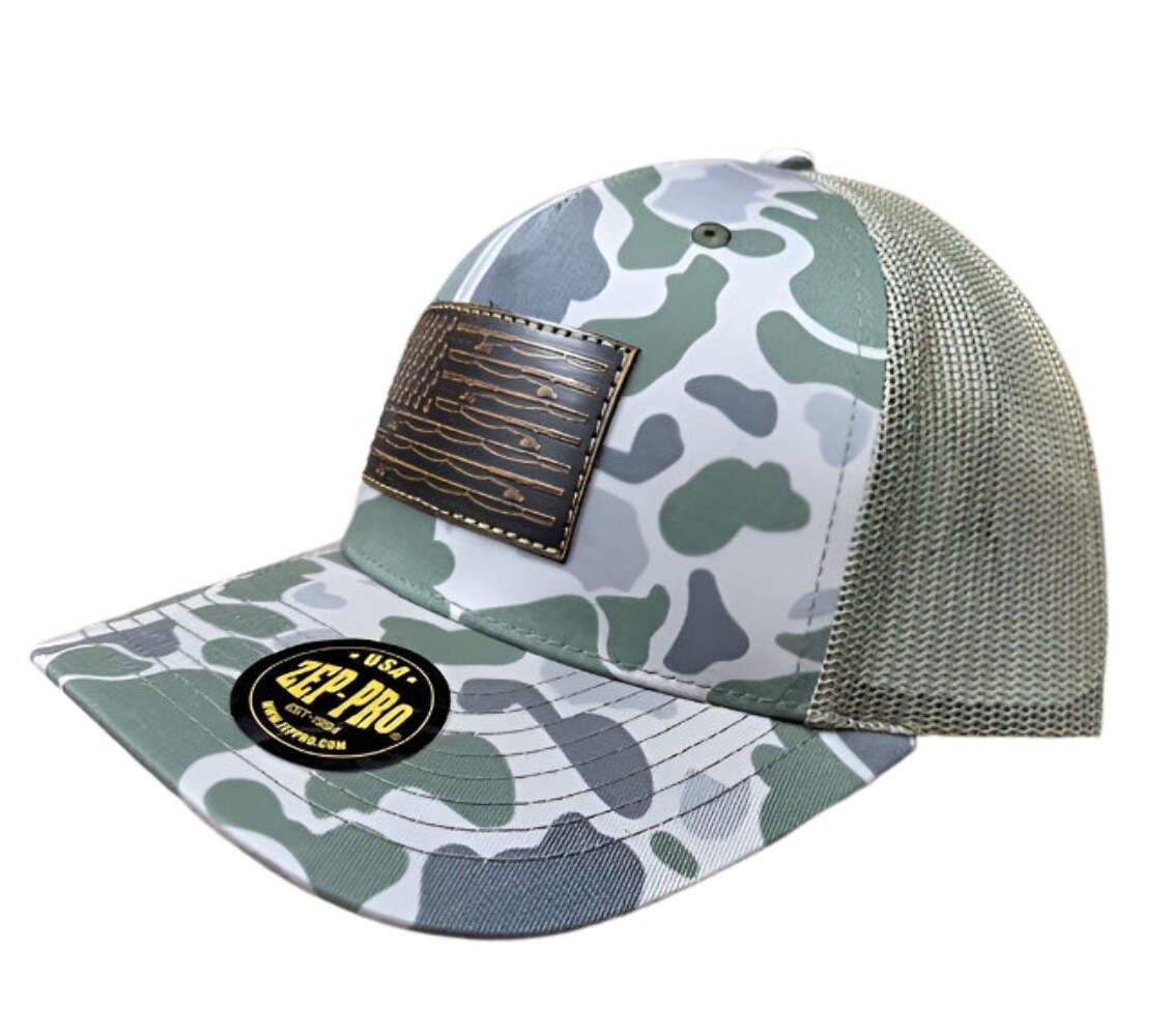 Zep-Pro Hat Old School Green Camo Rectangle Brown Rods Flag Snapback