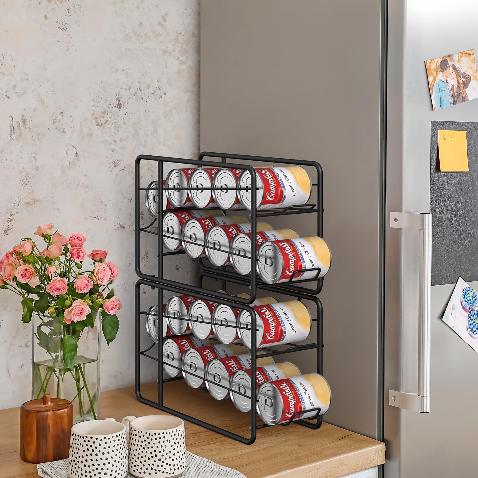 MOOACE 4 Pack Can Dispenser Rack, Stackable Storage 4 Pack, Black