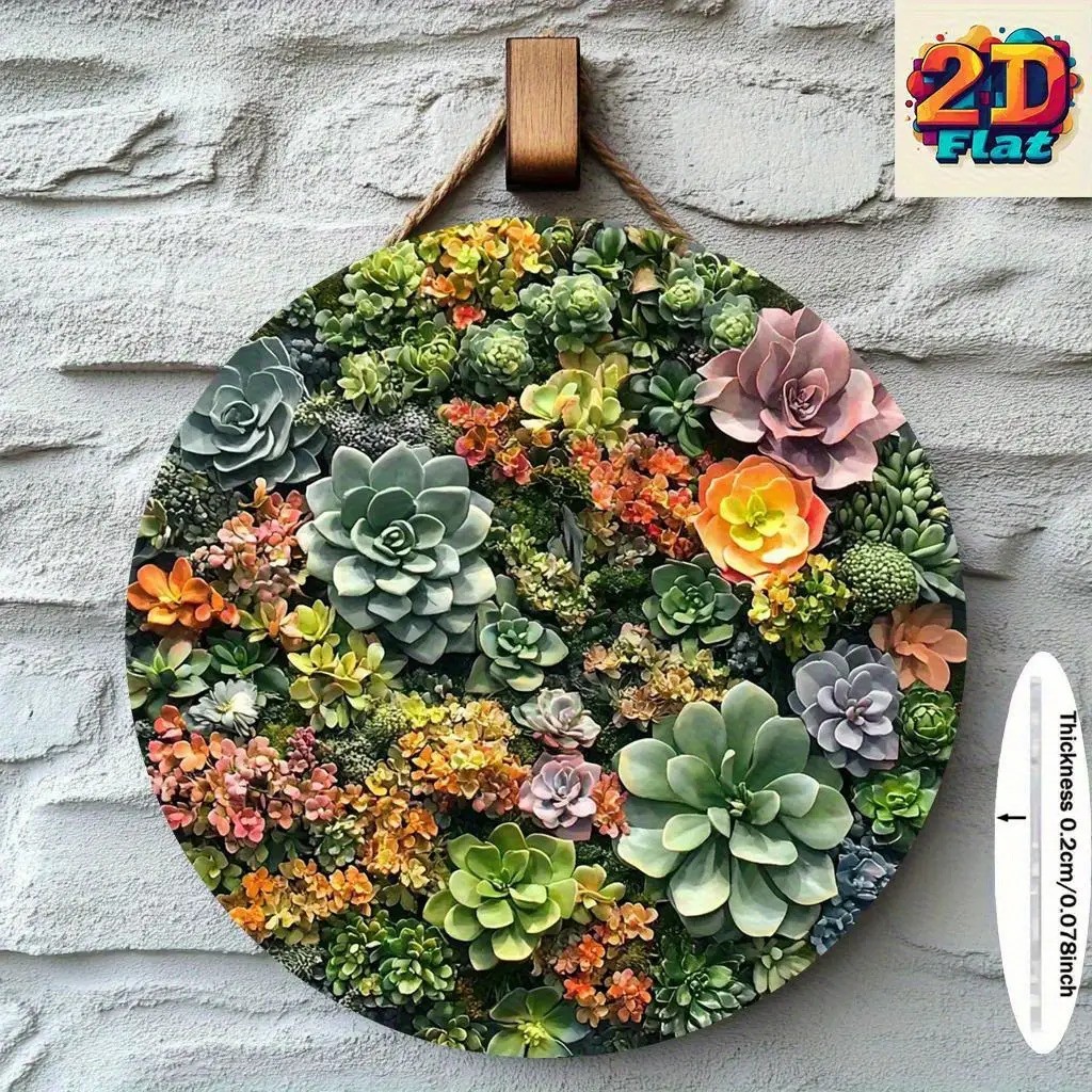 Round Colorful Succulent Plant Aluminum Wall Art for Indoor Outdoor Use