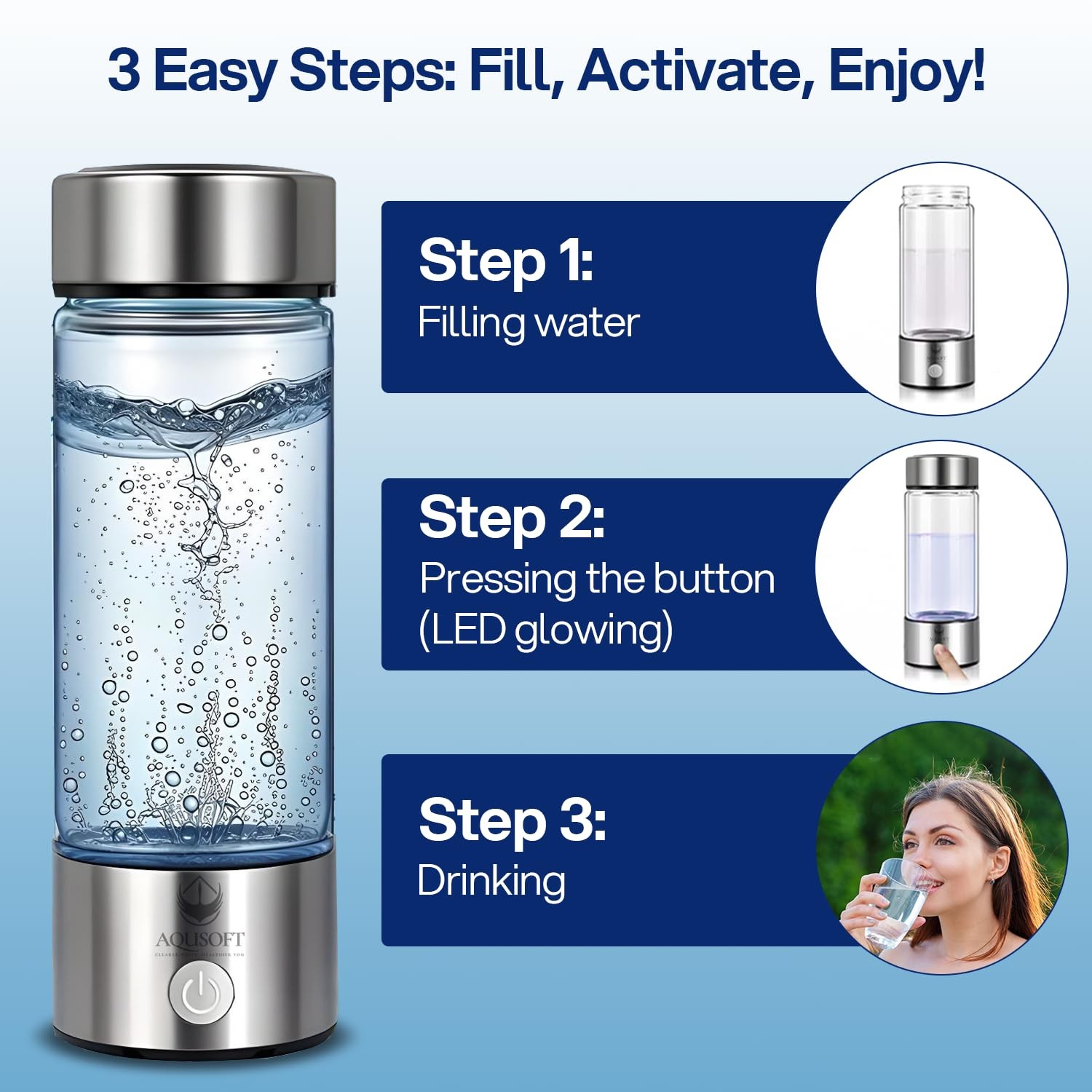 AQUSOFT 14.2 oz/420ml Portable Hydrogen Water Bottle with SPE-PEM Technology Typ
