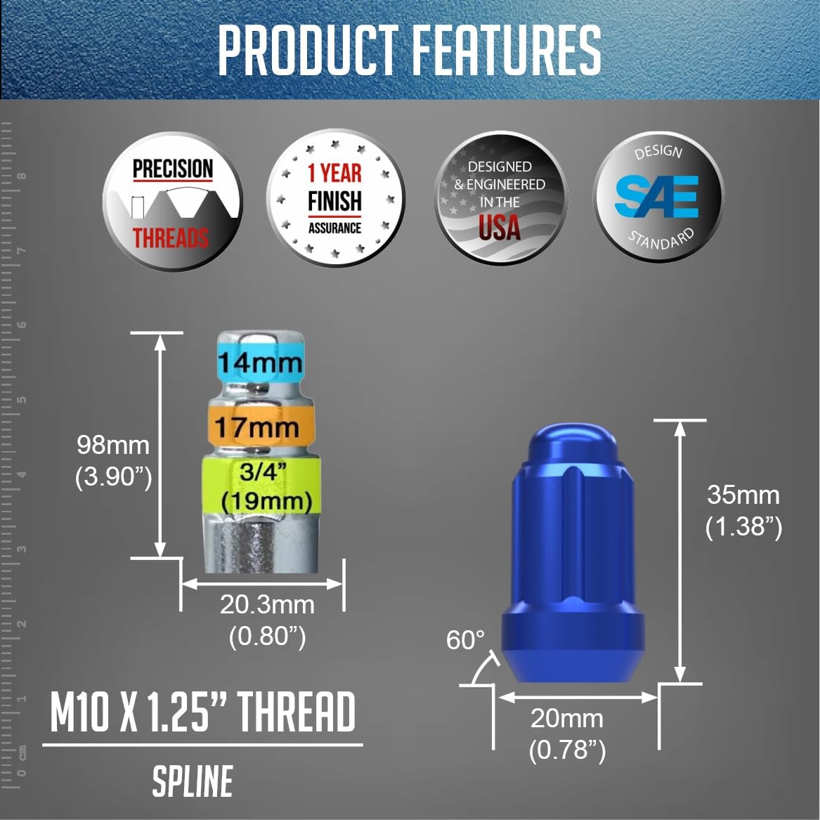 16 Pc M10x1.25 Car Spline Lug Nuts 35mm Long 60 Deg Conical Carbon Steel Blue