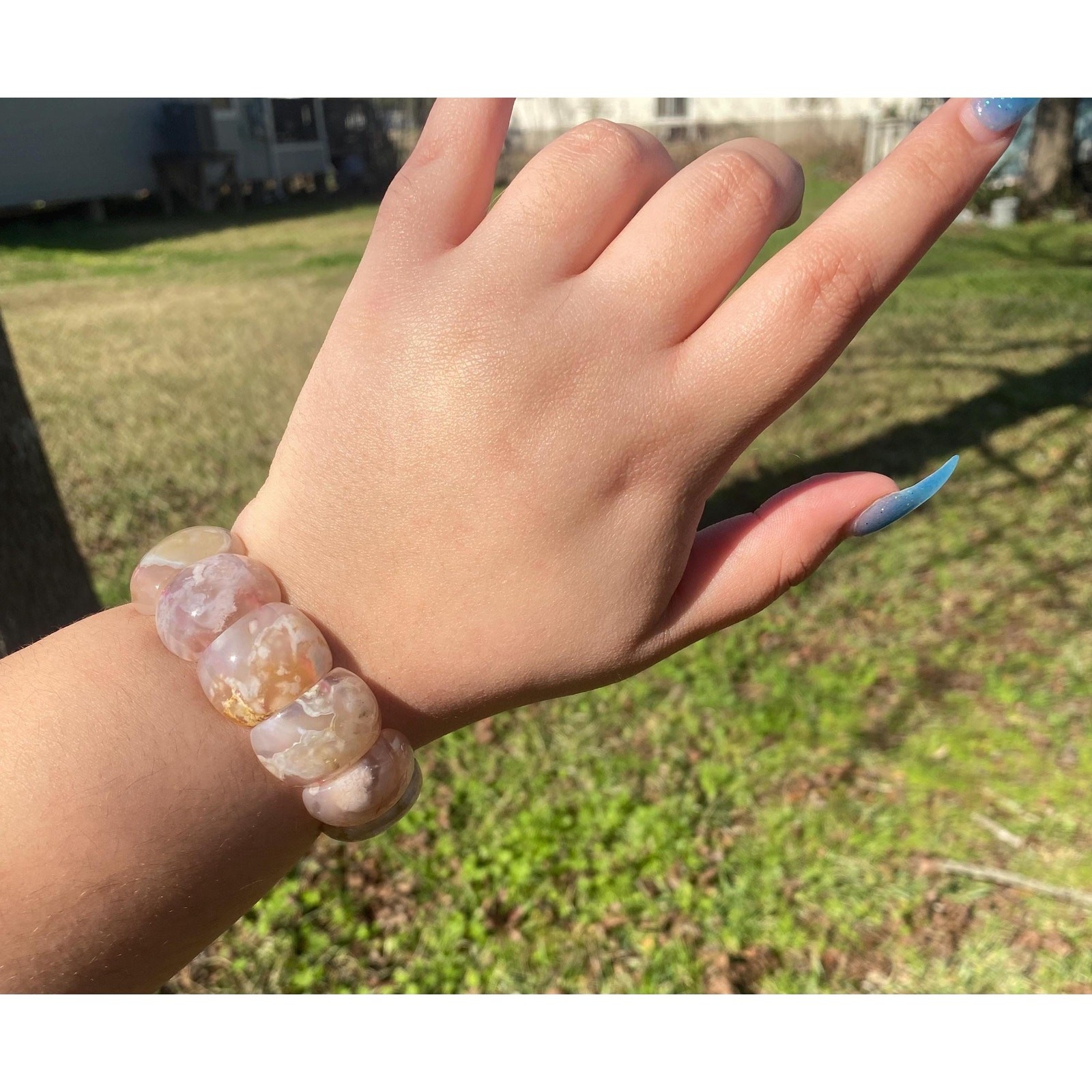 Chunky Flower Agate Beaded Bracelet , Sakura Agate Stretch Bangle