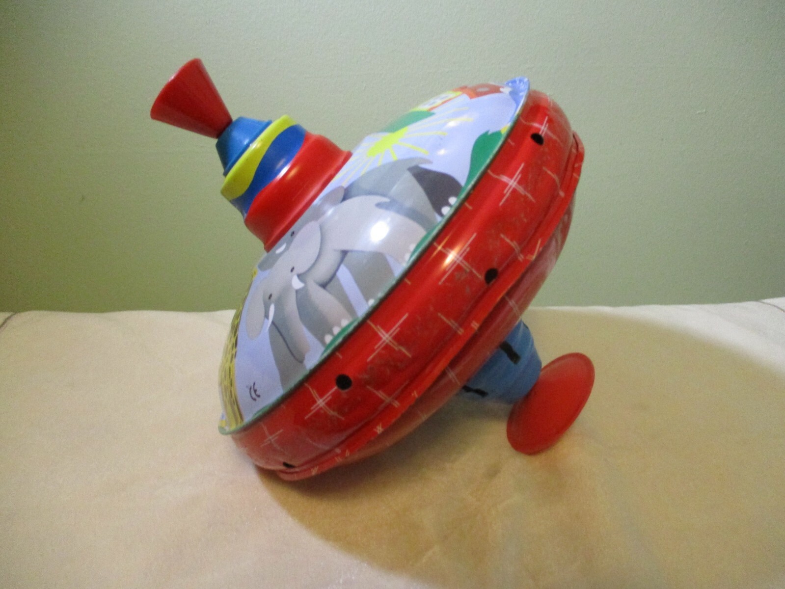 Noah’s Ark Animals VTG Metal Tin Toy Spinning Top 9″ LBZ Automatic Choral Top