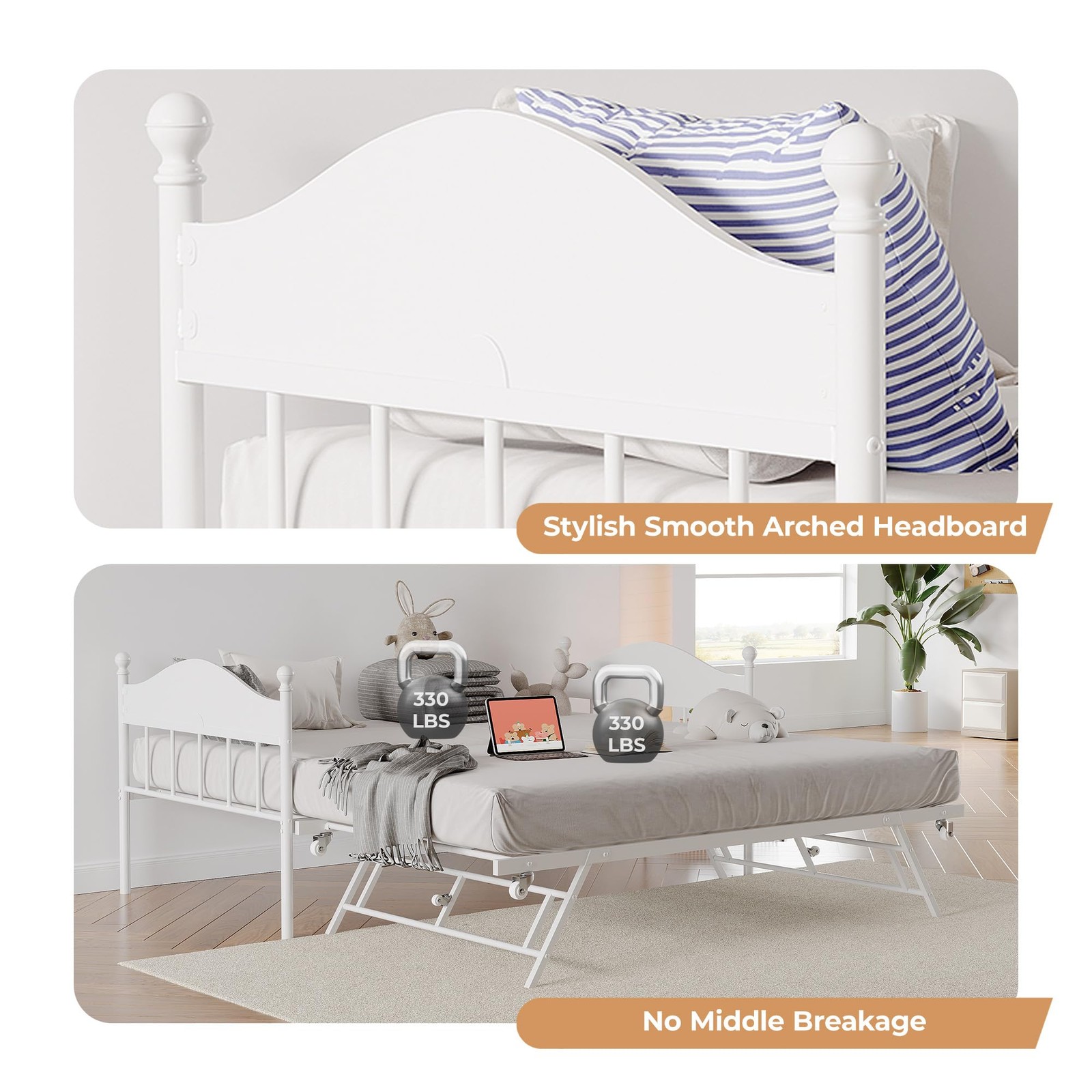 Daybed with Trundle, Metal Twin Size Day Bed Stylish Twin, White 1