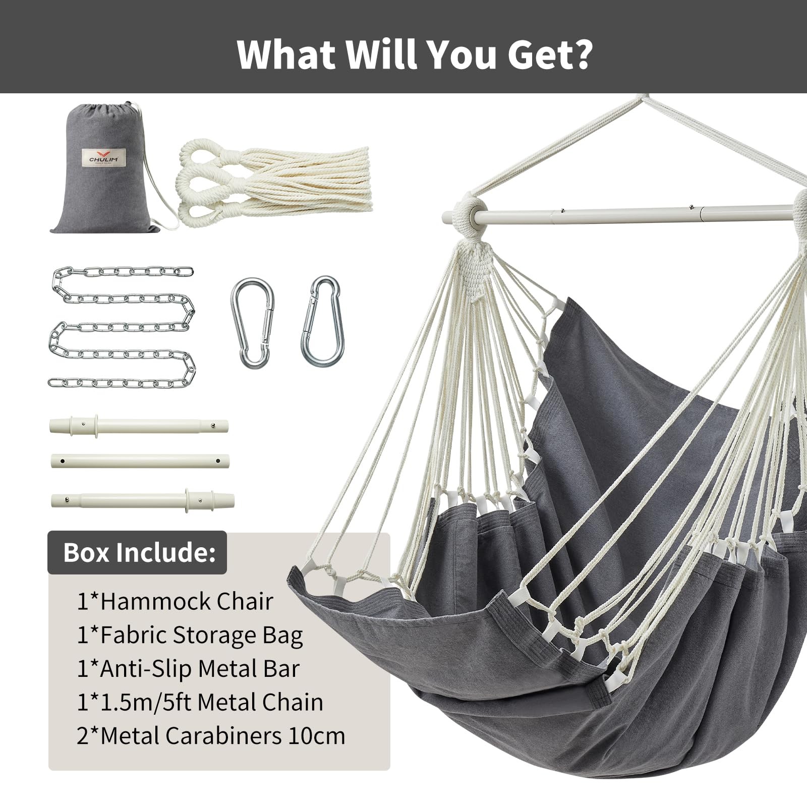 CHULIM Hanging Hammock Chair Swing MAX 500 lbs Outdoor Dark Grey