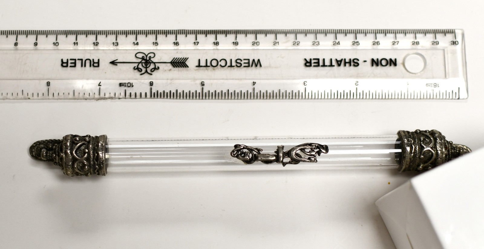 Vintage Judaica Glass & Metal Mezuzah Case 8.5″ Ornate Silver Tone, No Scroll