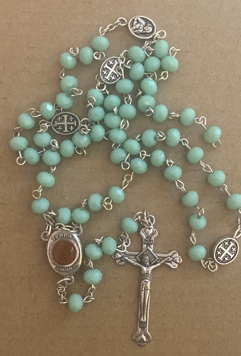 Stunning Aqua Light Blue Rosary Beads Terra Jerusalem Holy Land Relic As Is