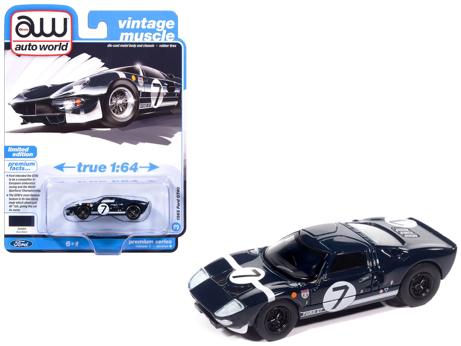 1965 Ford GT40 #7 Blue Black with White Stripes “Vintage Muscle” Series 1/64