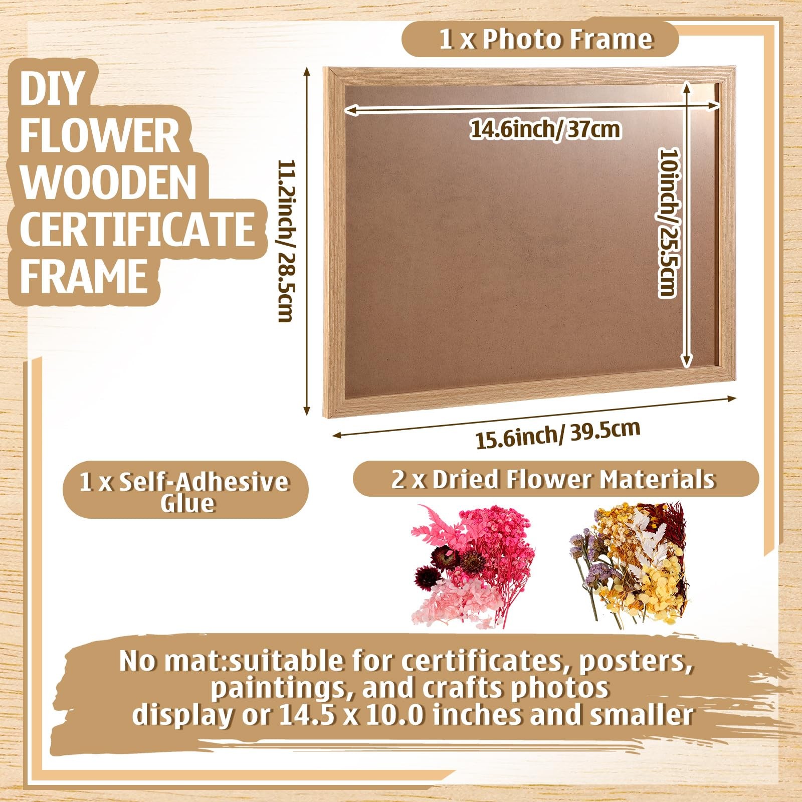 15 x 11 Inch Certificate Frame with Pressed Flowers Self-adhesive Wood DIY Diplo