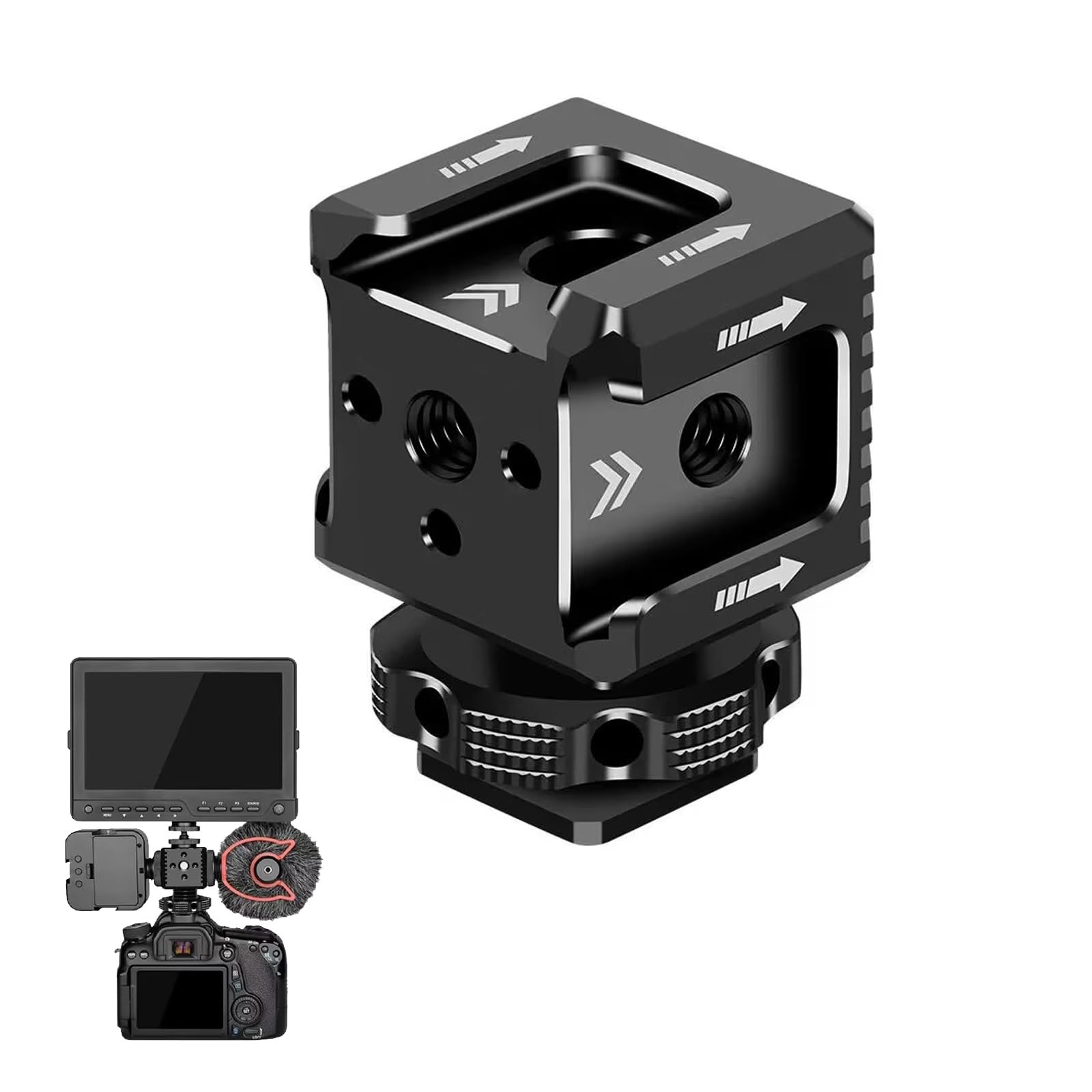 3 Port Cold Shoe Mount with 1/4″-20 Thread for Camera Cage Flash LED Black