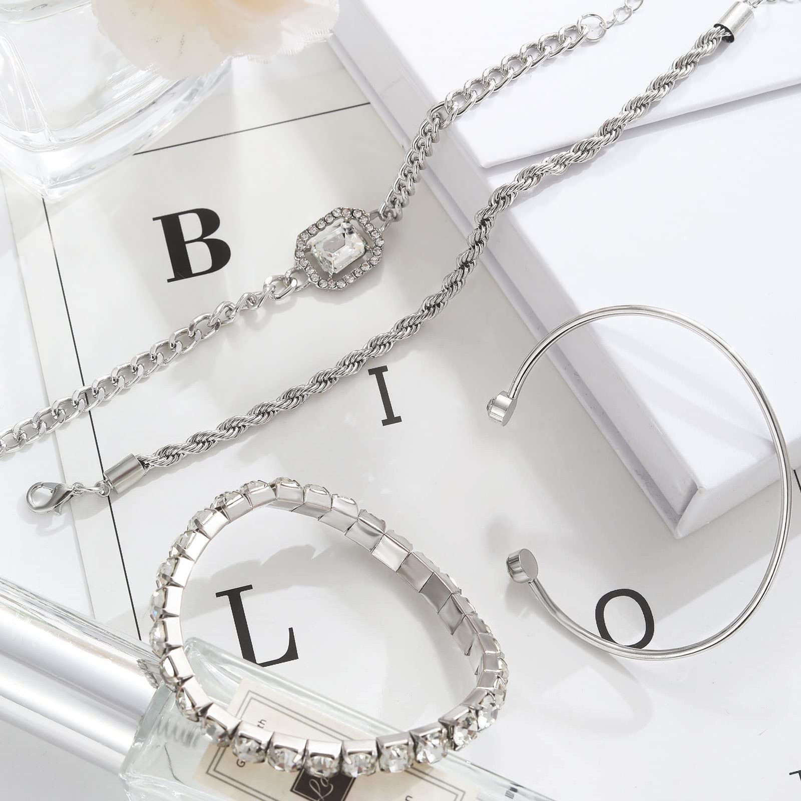 17IF 4 Pcs Dainty Silver Bracelets Set for Women 14K Plated Large,