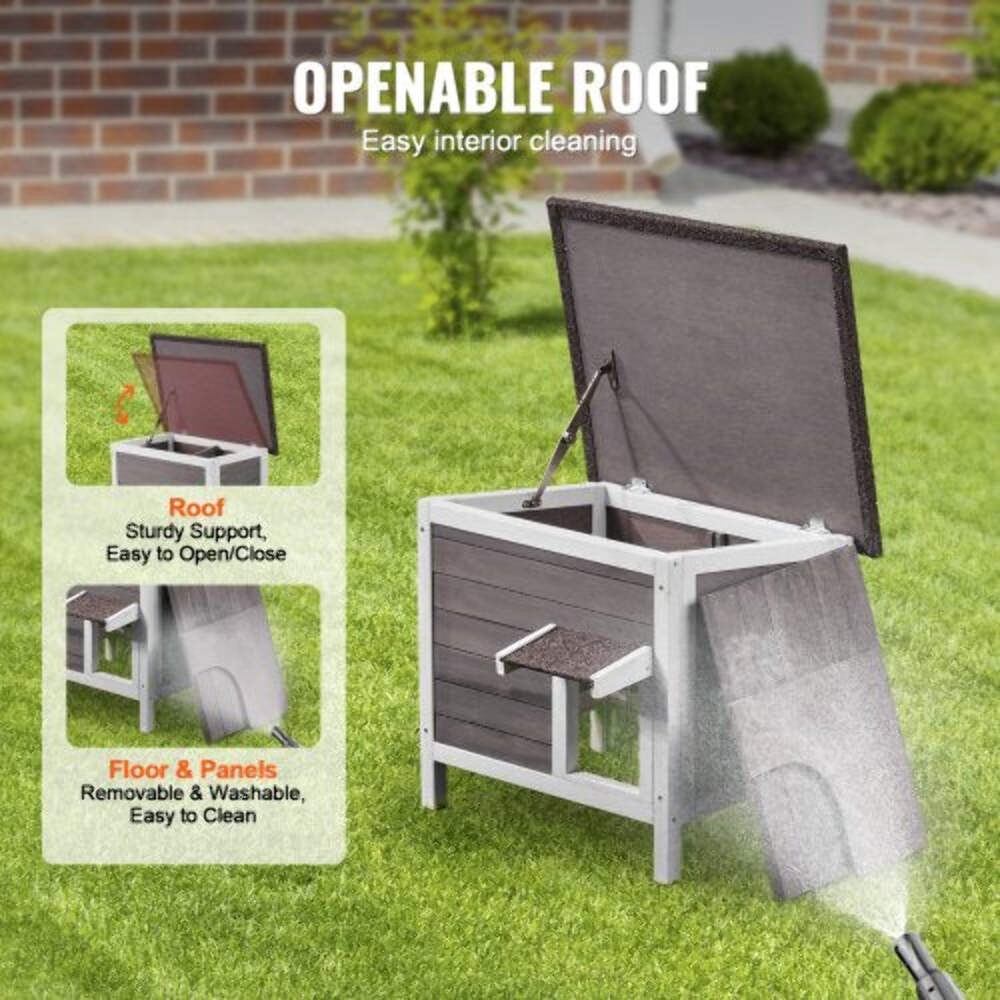 Outdoor Cat House Wooden Feral Cat Shelter with Roof & PVC Door Flaps